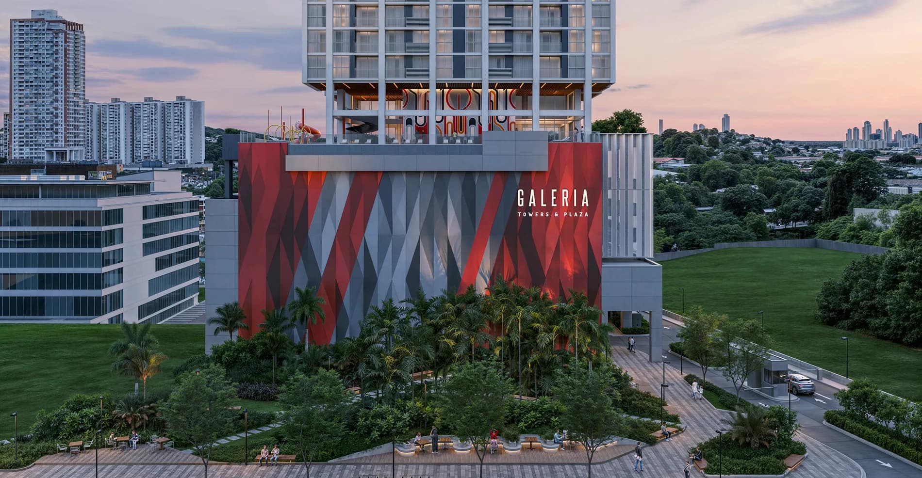 Aerial view of the Galería plaza podium with its red geometric artwork and landscaped grounds
