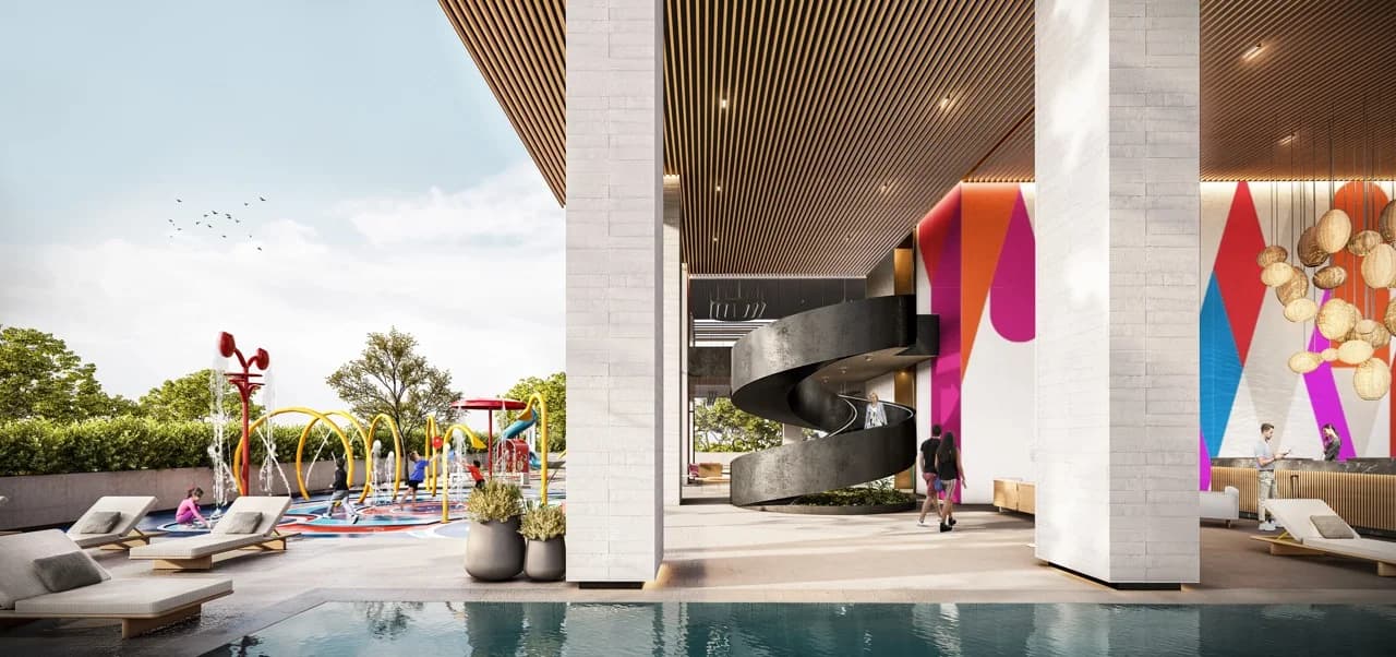Infinity pool deck with colorful artwork at Galería Towers