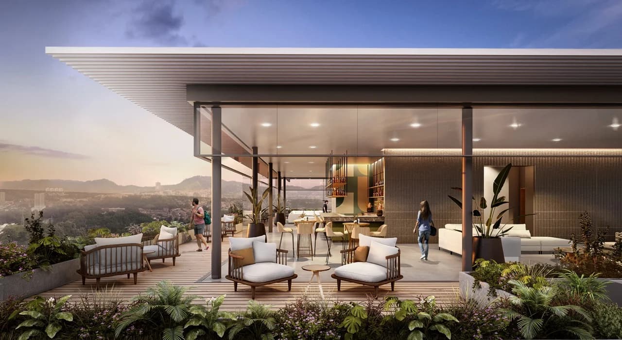 Rooftop terrace lounge with sunset views at Galería Towers