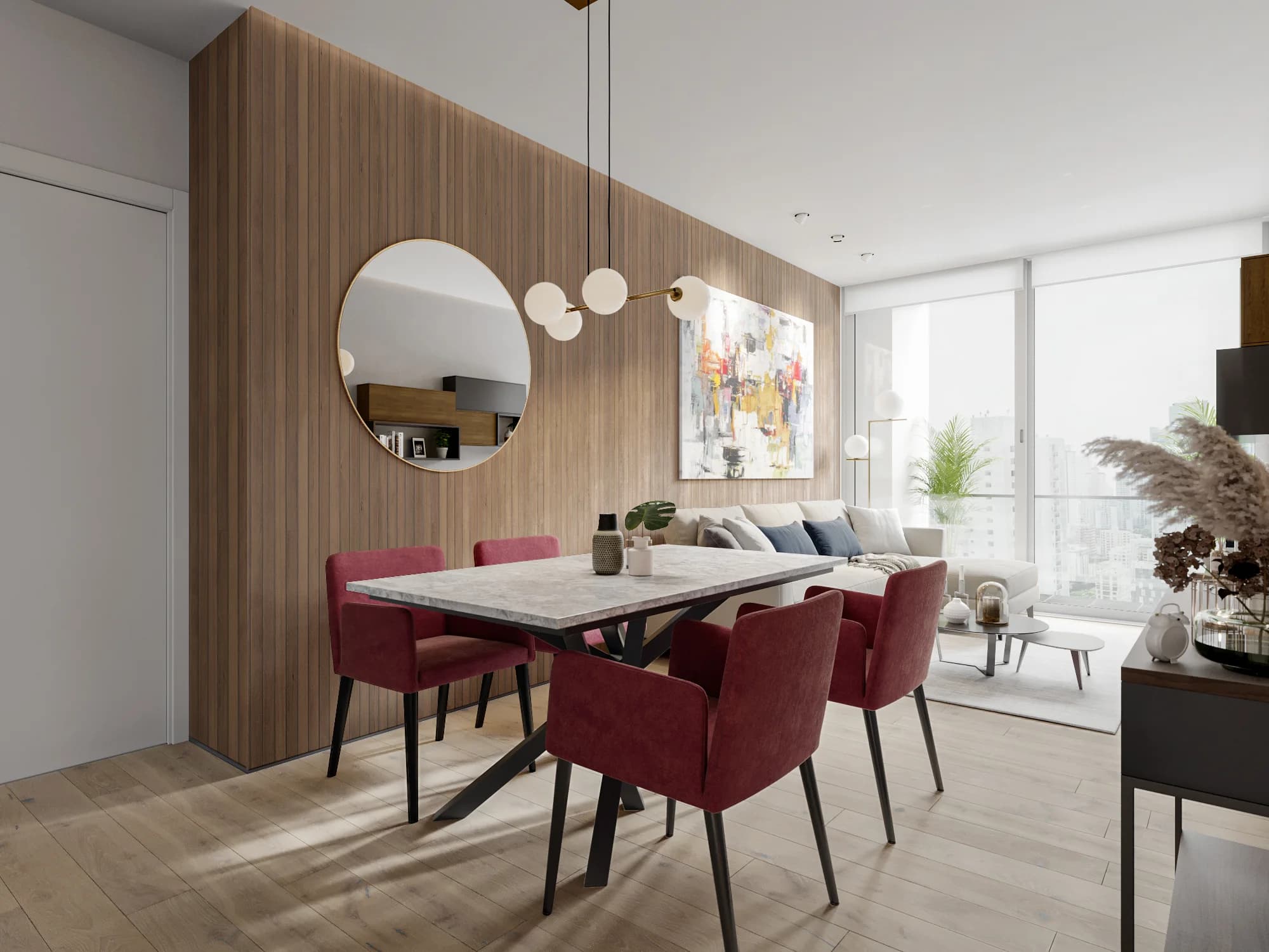 Dining area with red chairs and wood feature wall in a Galería Towers apartment