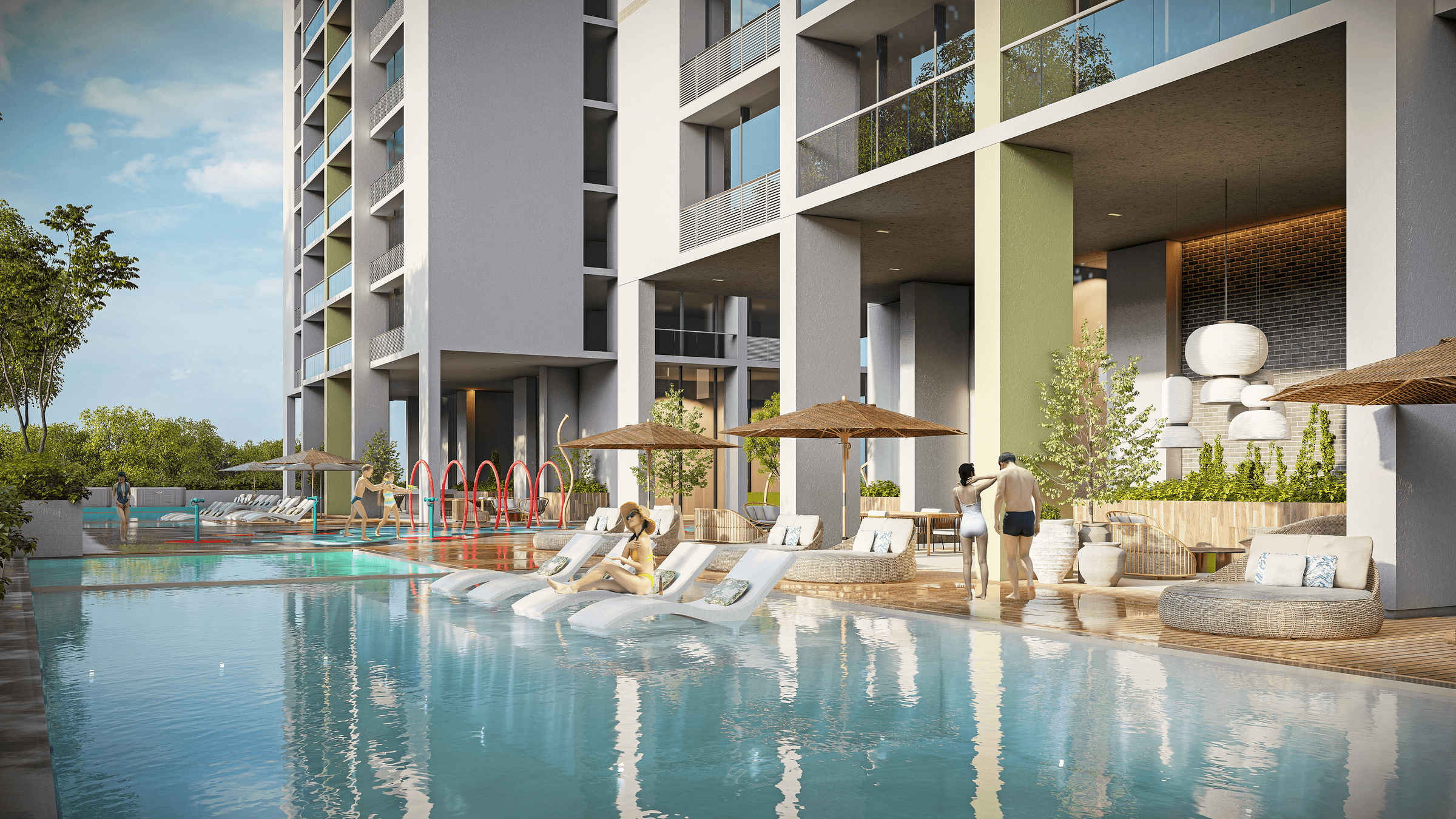 Pool deck with loungers and cabanas at the base of King's Park Torre 600