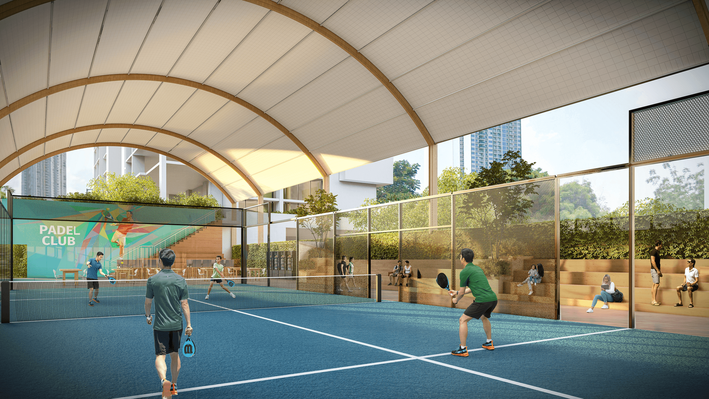 Covered padel court with spectator seating at King's Park Torre 600
