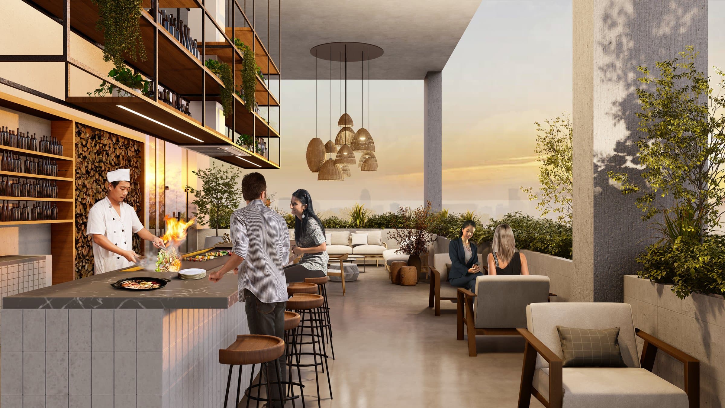 Gastro rooftop with teppanyaki bar and sunset views at King's Park Torre 600