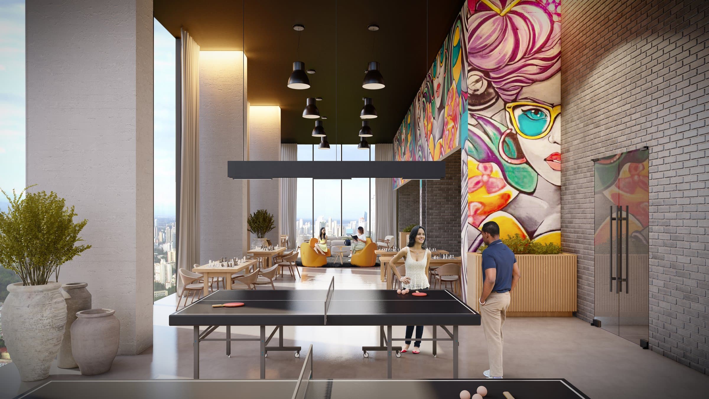 Social club with ping-pong table and mural at King's Park Torre 600