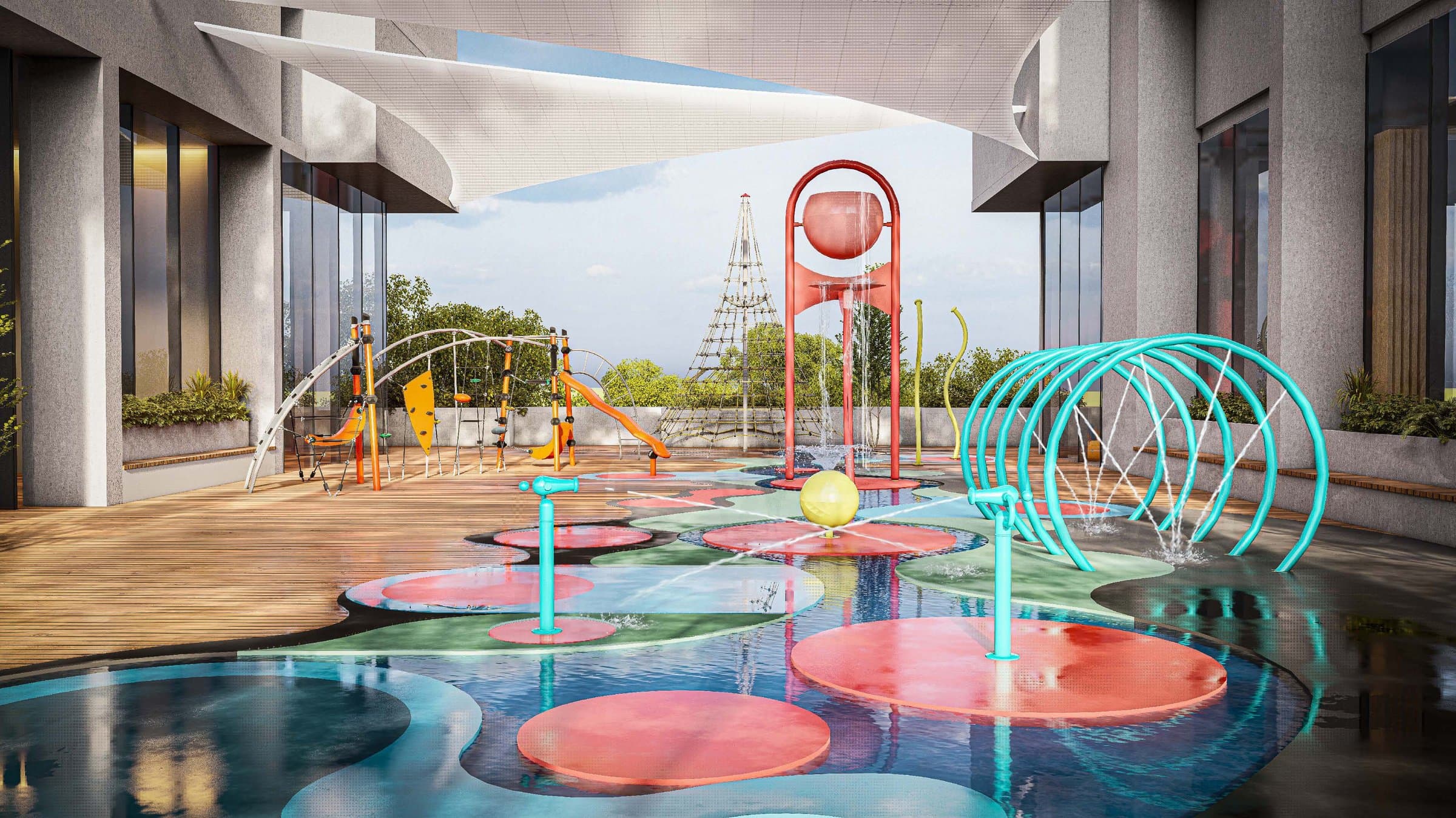 Children's splash park with water features at King's Park Torre 600