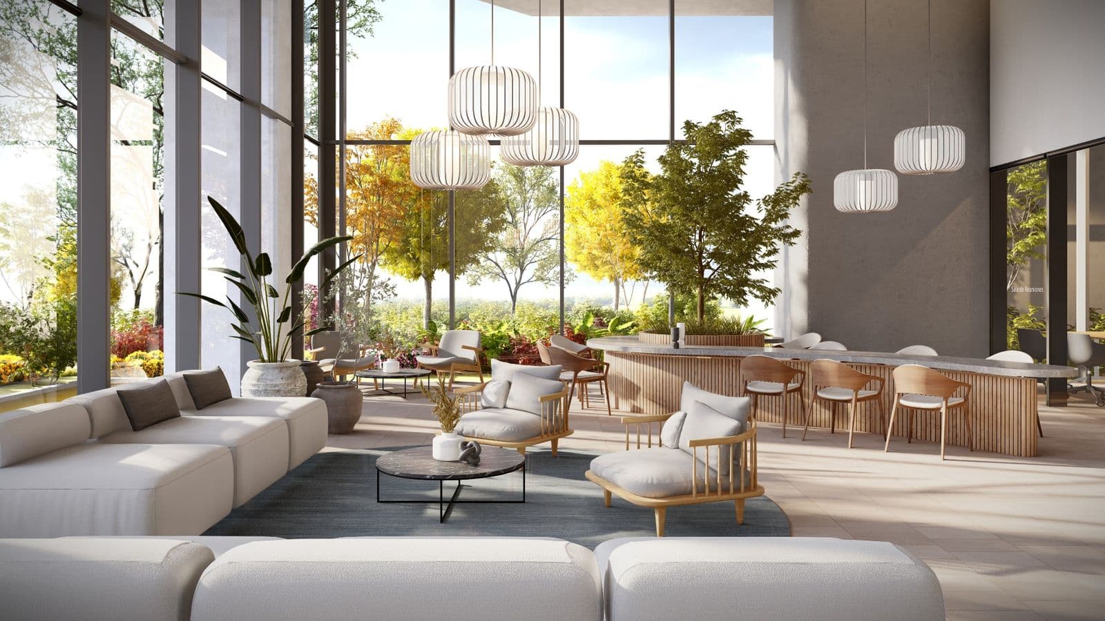 Double-height lobby lounge with garden views at King's Park Torre 600