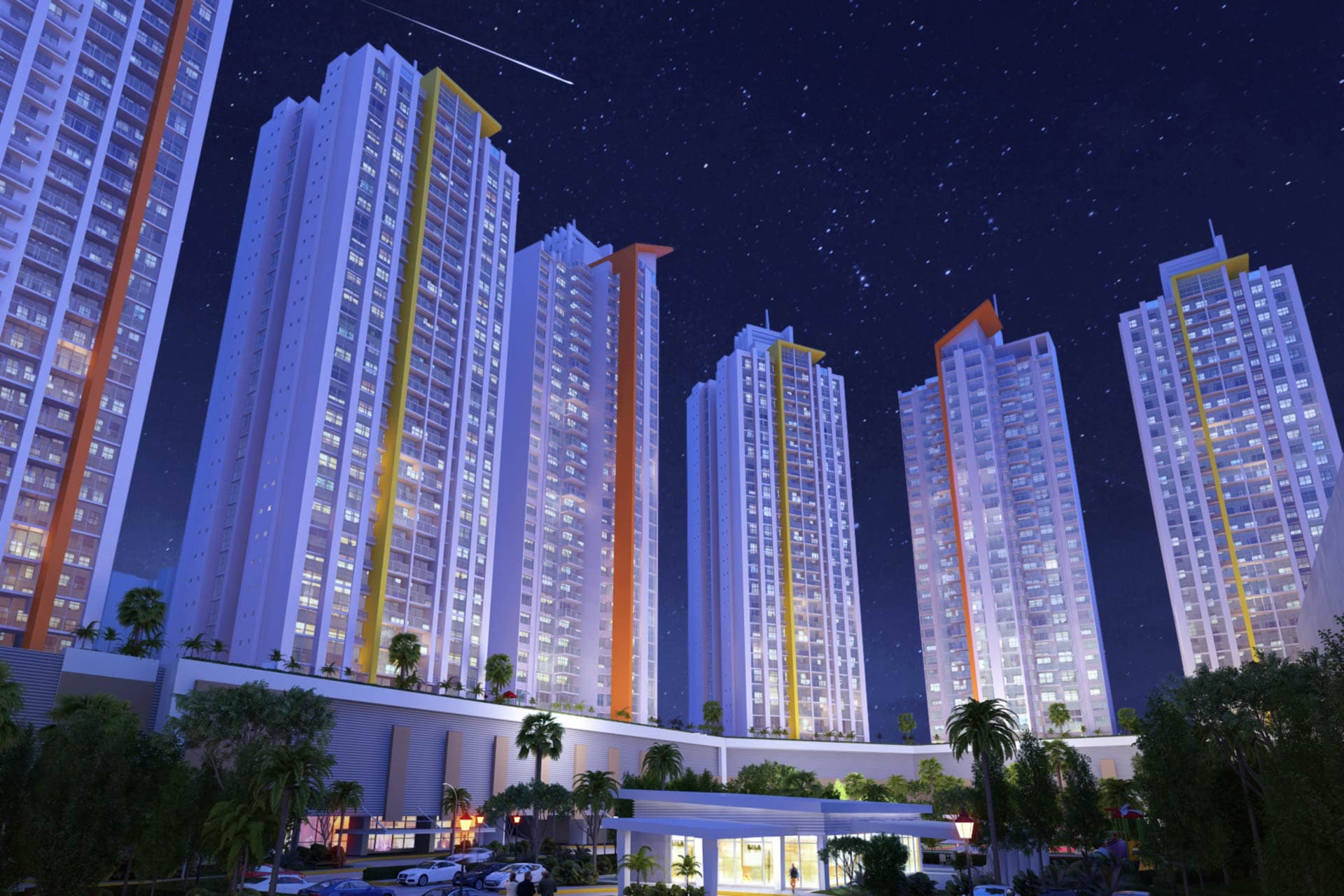 Rendering of the King's Park Urbanización residential towers lit at night in Condado del Rey