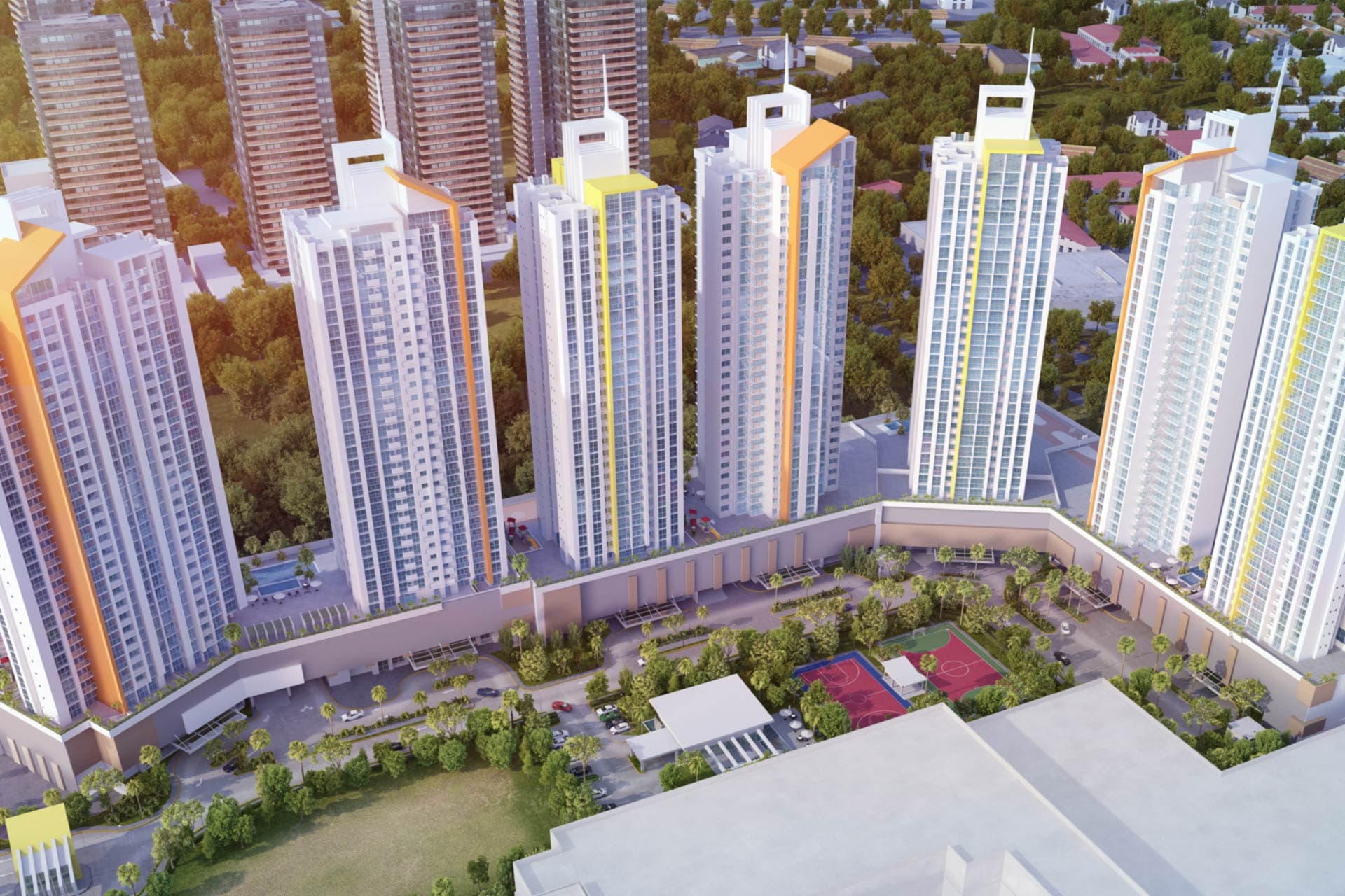 Aerial rendering of the King's Park towers and podium in Condado del Rey