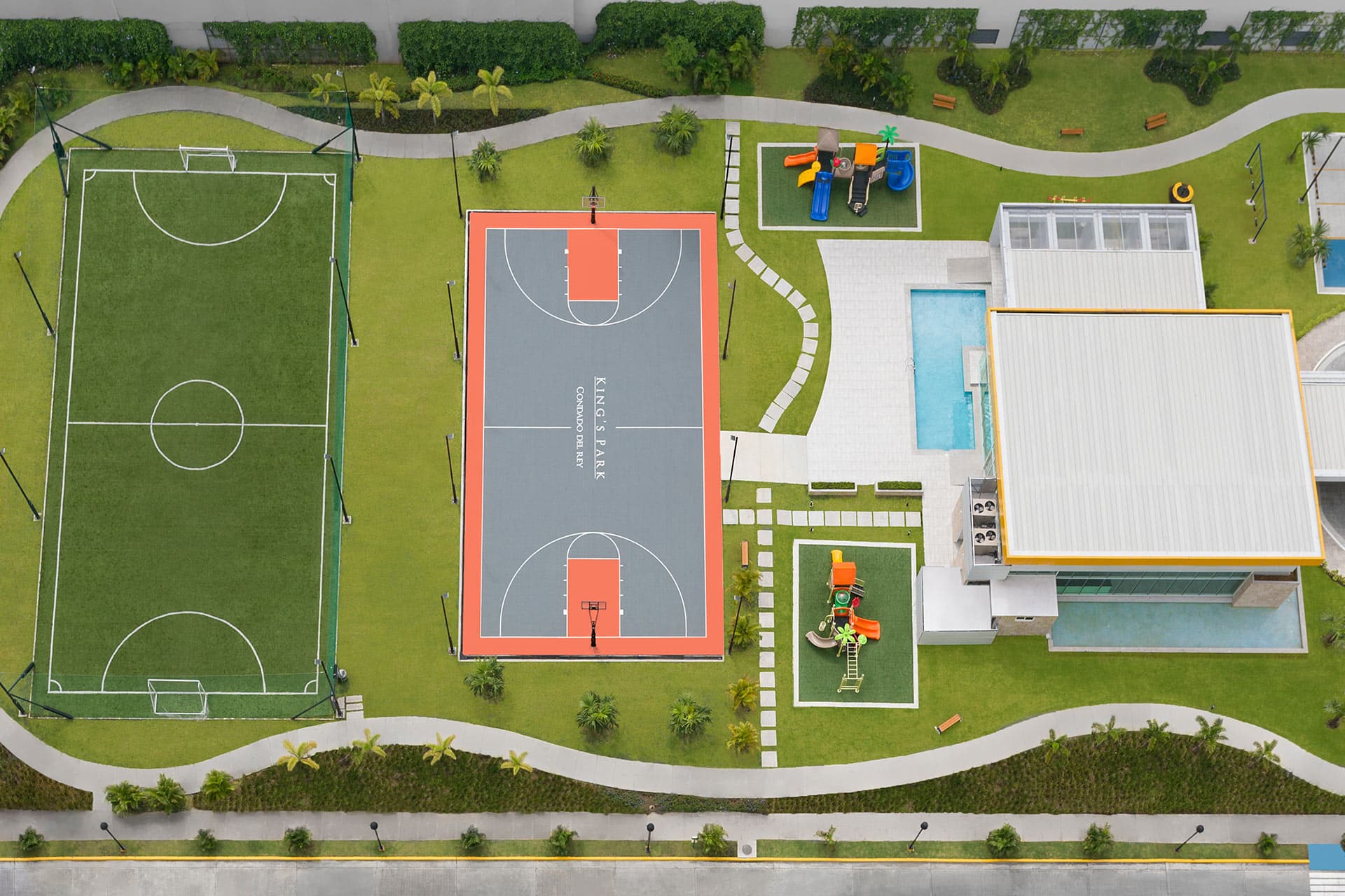 Aerial view of the soccer field, basketball court and playground at King's Park