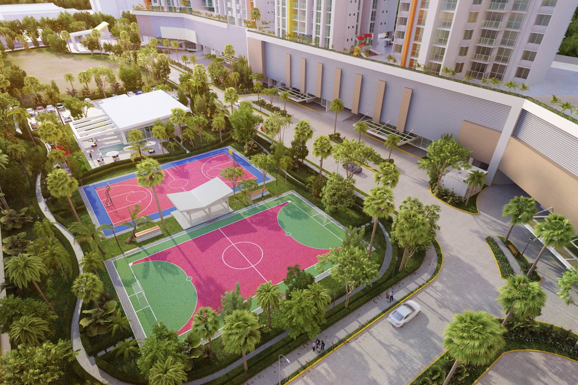 Aerial rendering of the sports courts and gardens at King's Park