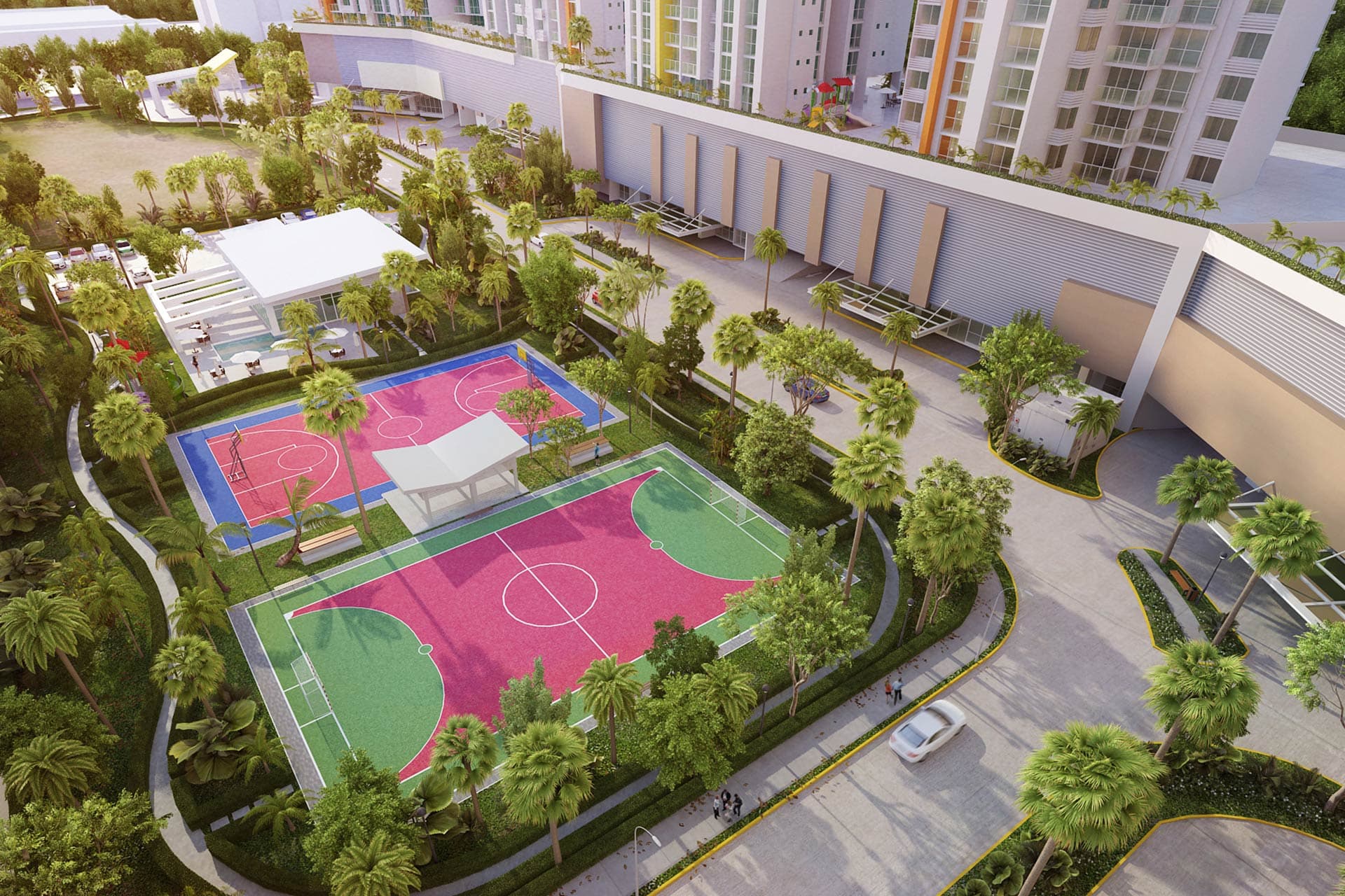 Aerial rendering of the sports courts and gardens beside King's Park Torre 500