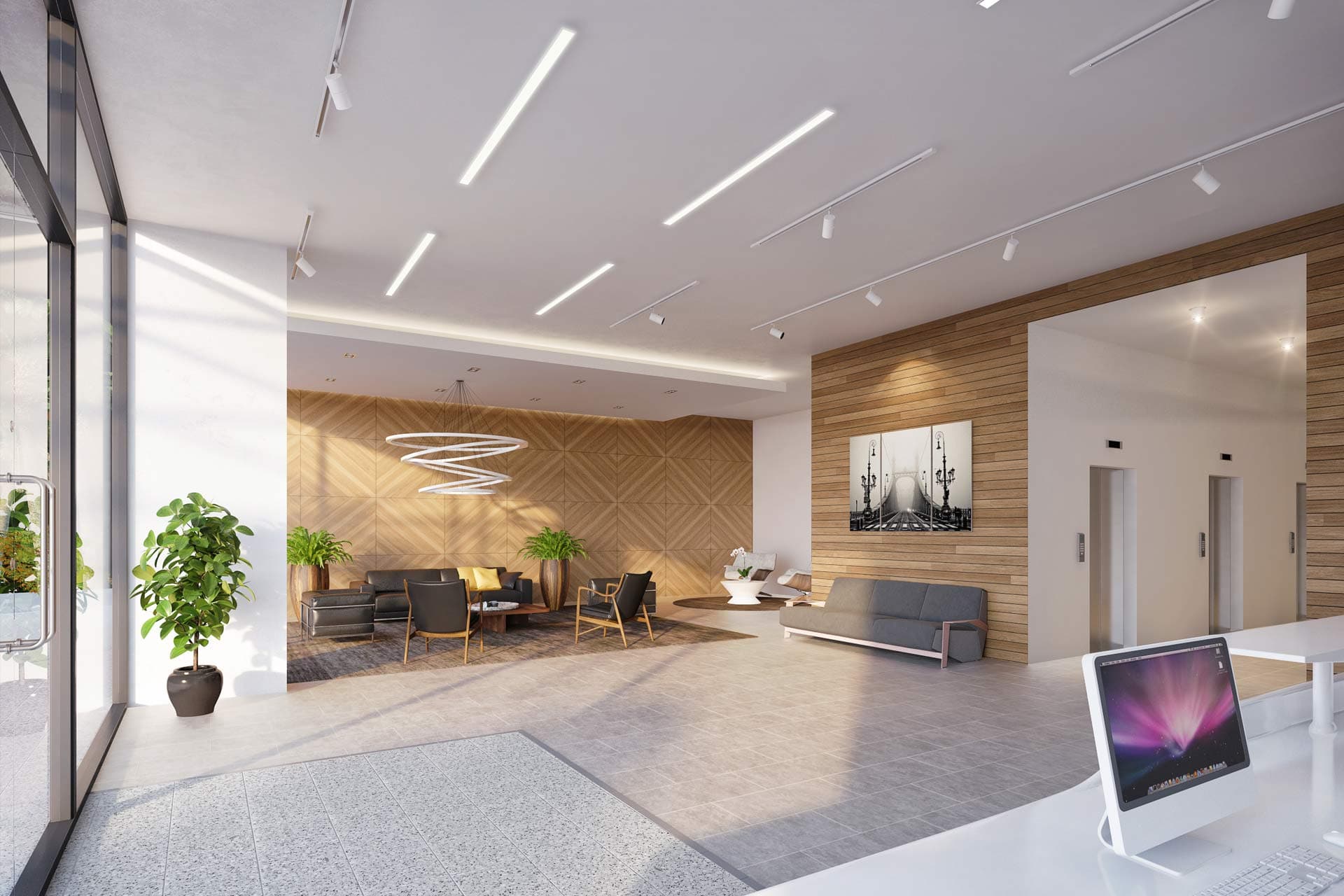 Lobby with wood-panelled wall and lounge seating at King's Park Torre 500