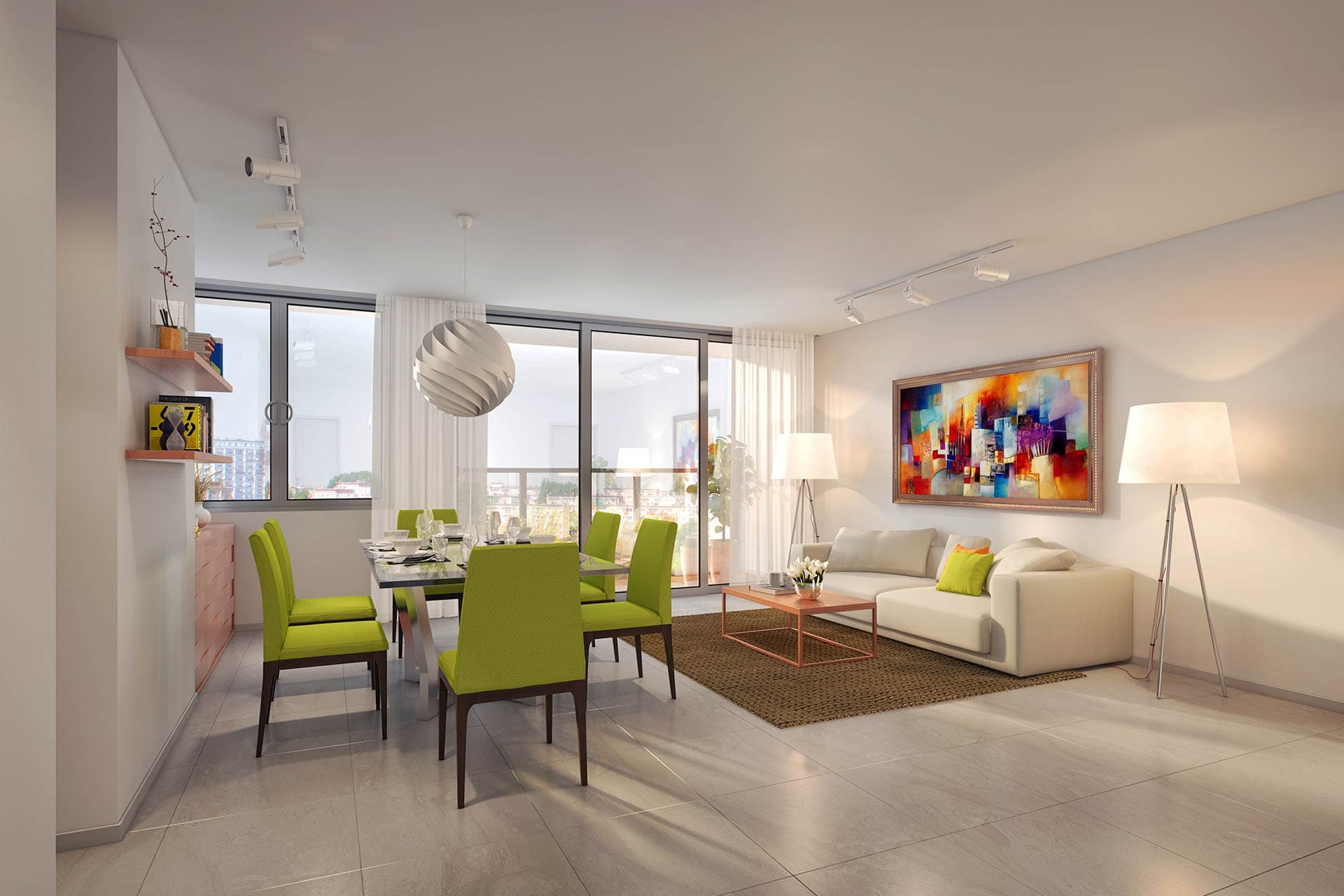 Open living and dining area with city views in a King's Park Torre 500 apartment