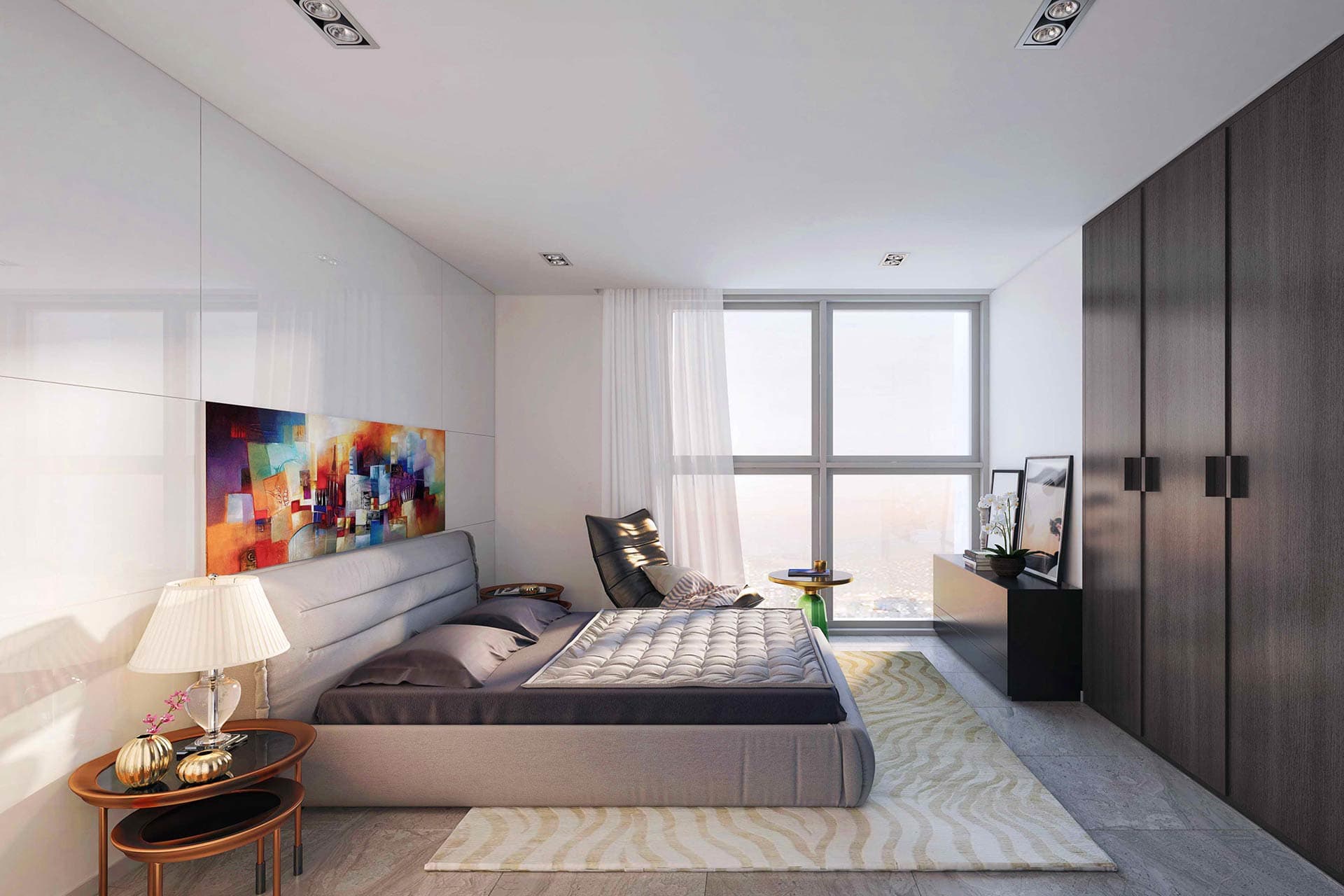 Primary bedroom with fitted wardrobes in a King's Park Torre 500 apartment