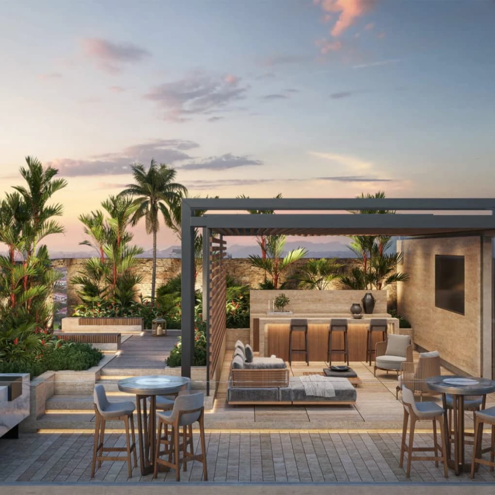 Sky lounge terrace with bar and pergola at Corotú
