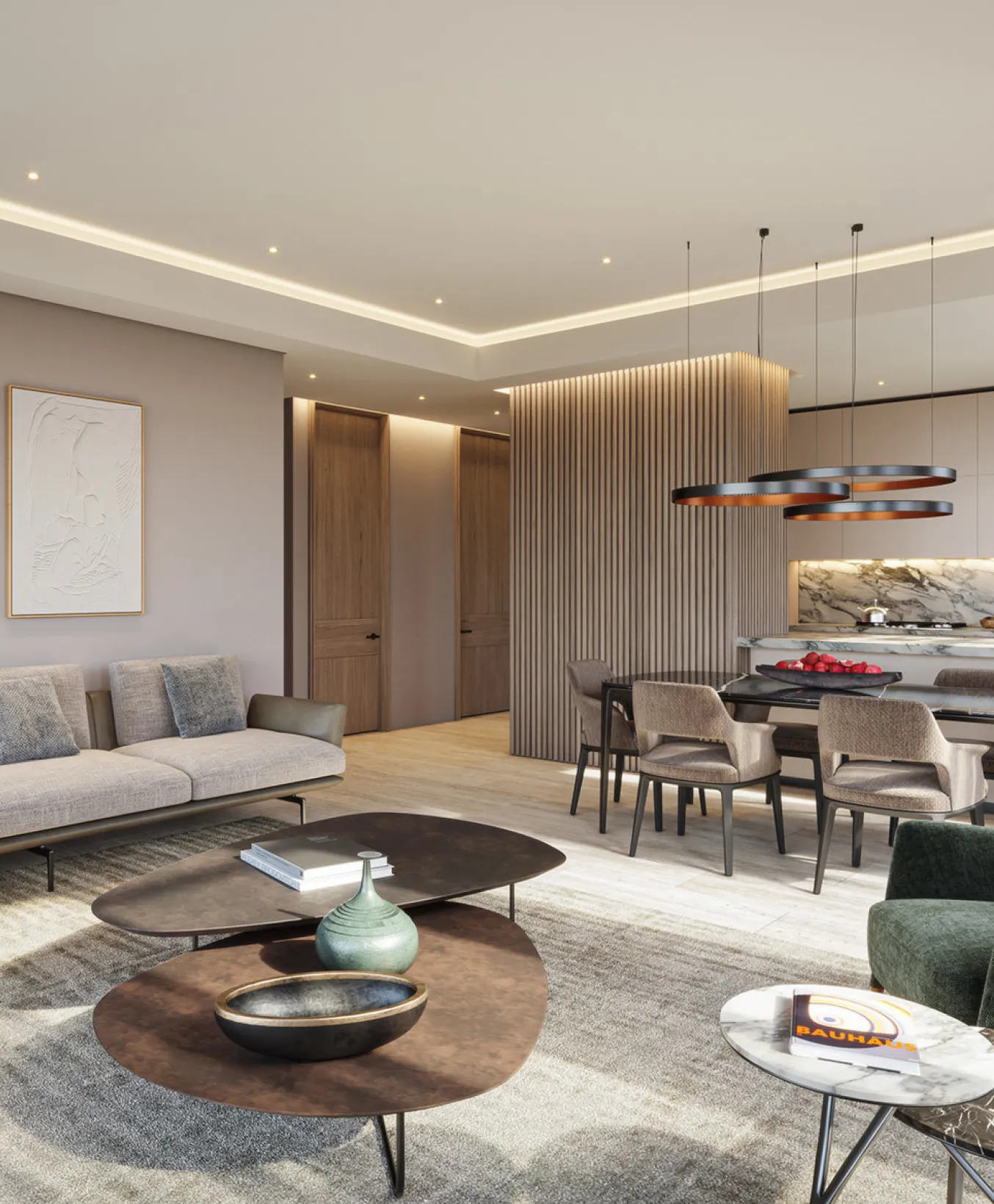 Living and dining room in a Corotú apartment