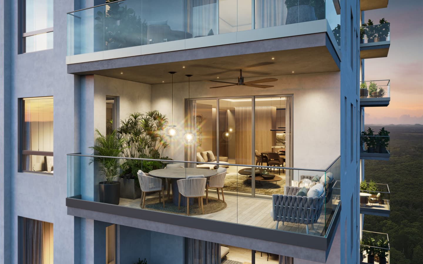 Furnished apartment balcony with dining set on the Corotú facade