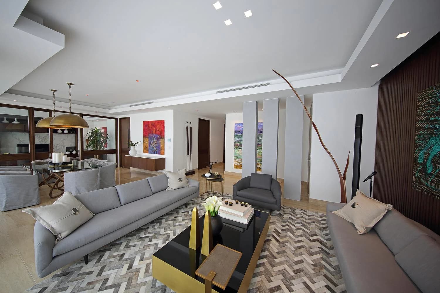 Open living area leading to the dining room in a Solana apartment