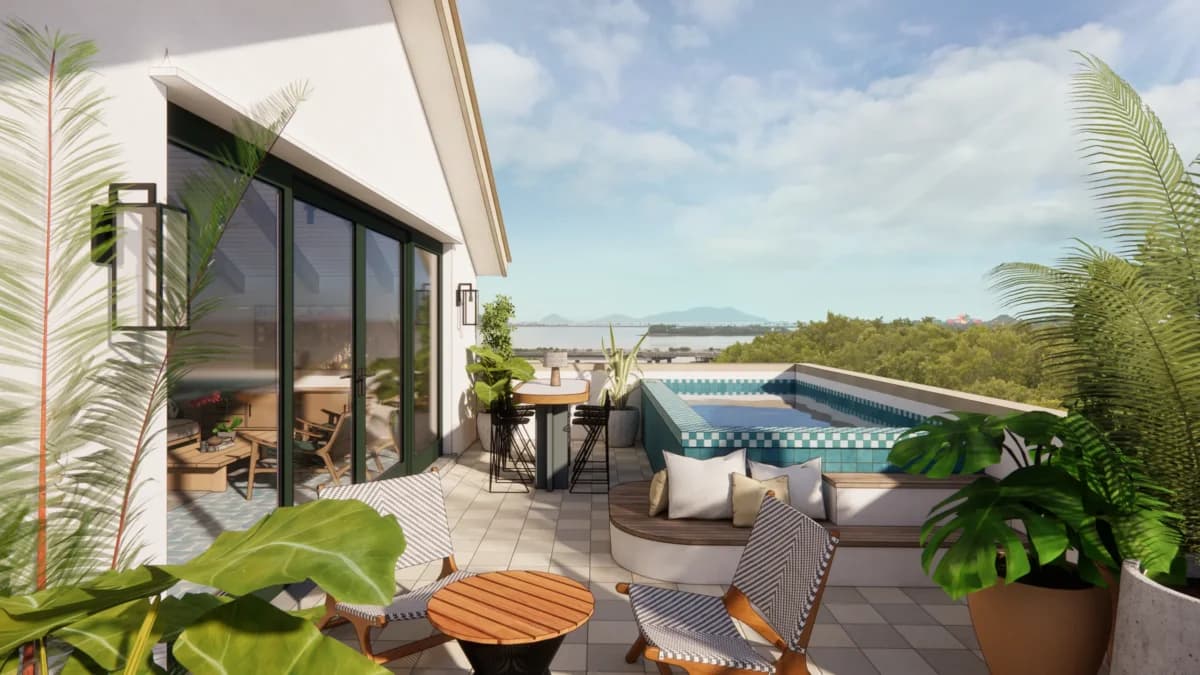 Private rooftop terrace with plunge pool and bay views at a Plaza Novena penthouse