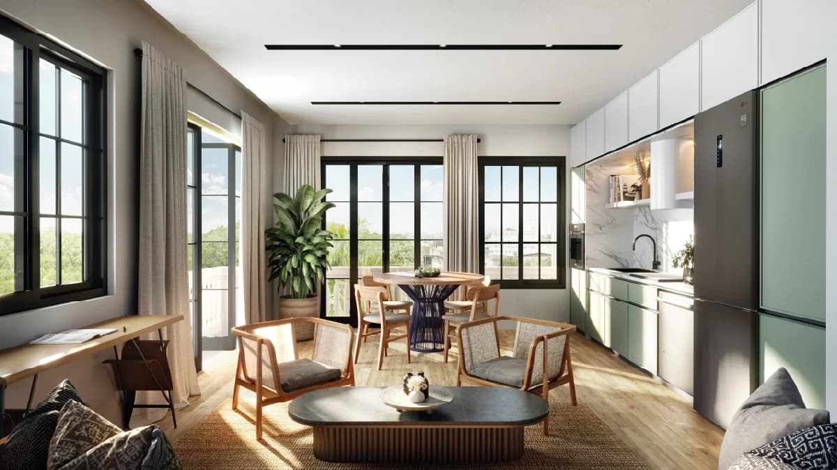 Open-plan living room and kitchen with French windows in a Plaza Novena apartment
