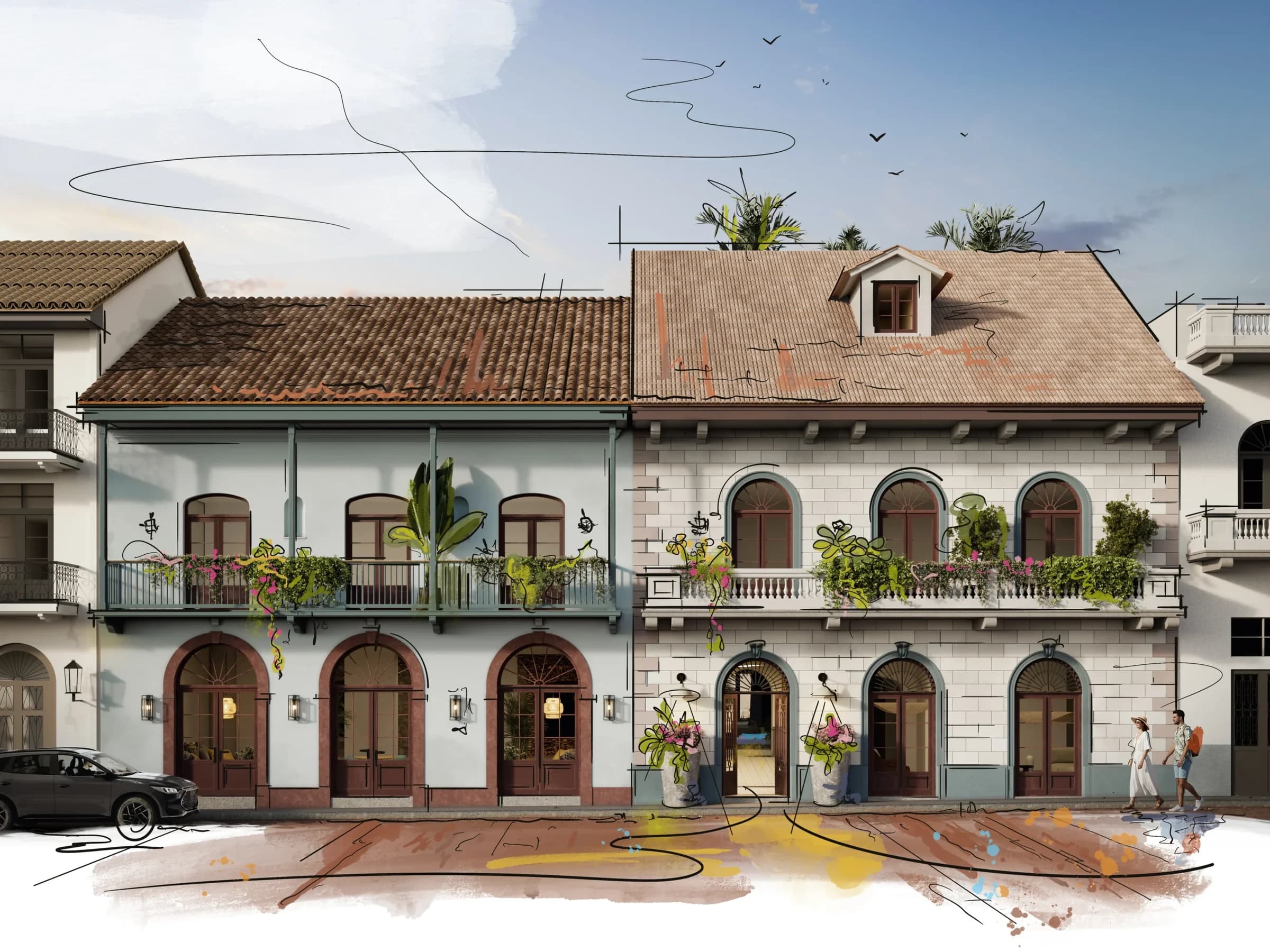 Patio San Miguel restored colonial facade with arched doors and plant-filled balconies on Calle 4ta, Casco Antiguo