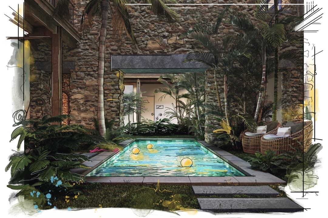 Hidden courtyard plunge pool framed by stone walls and tropical plants at Patio San Miguel