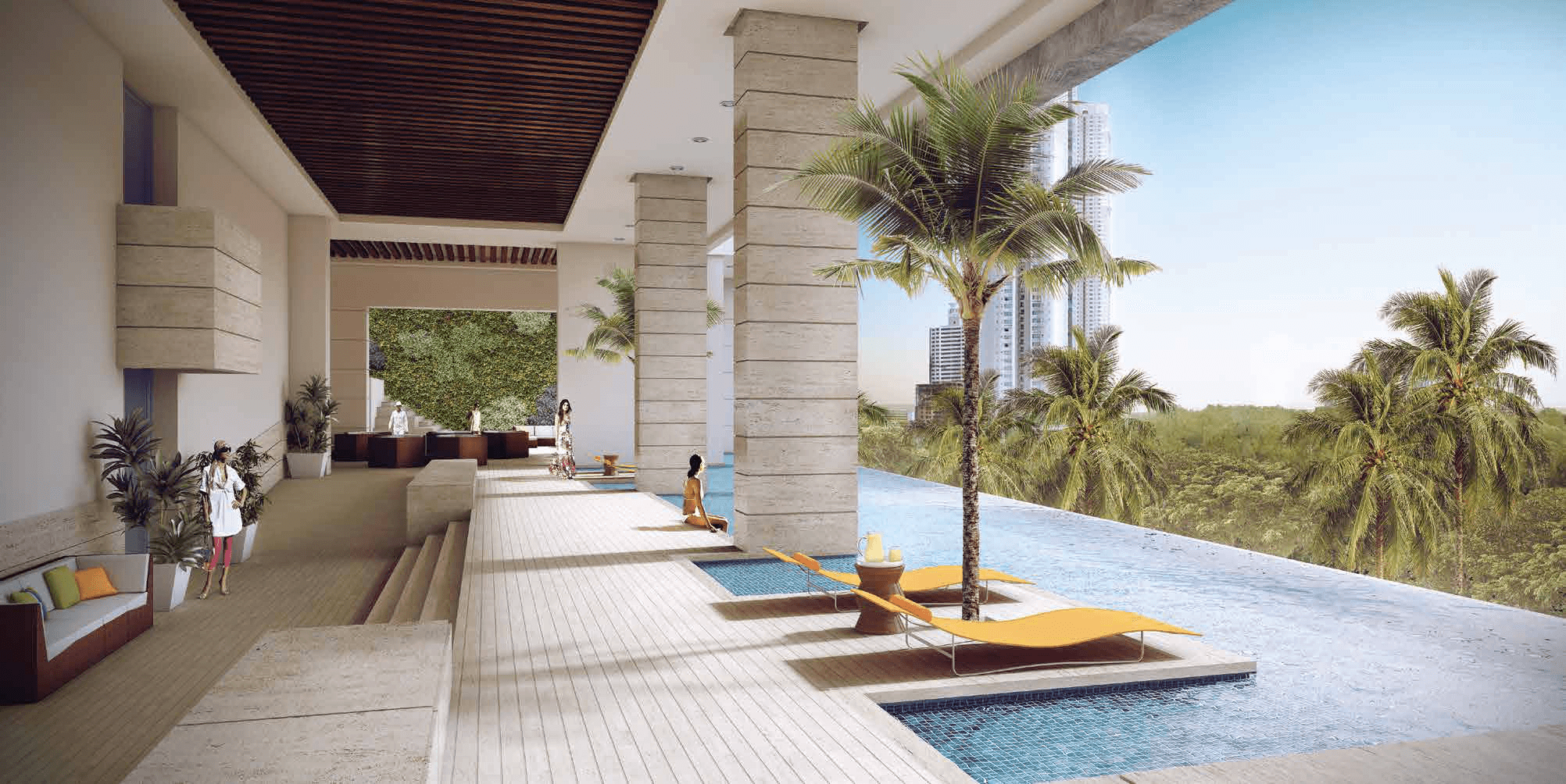 Rendering of the Aria social terrace with infinity pool, loungers and palms in Costa del Este