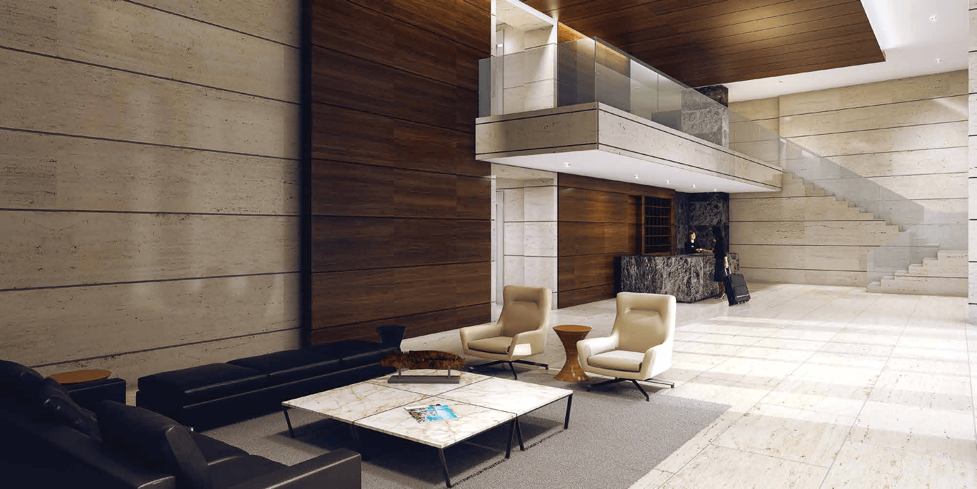Rendering of the double-height Aria lobby with wood-panelled walls and lounge seating