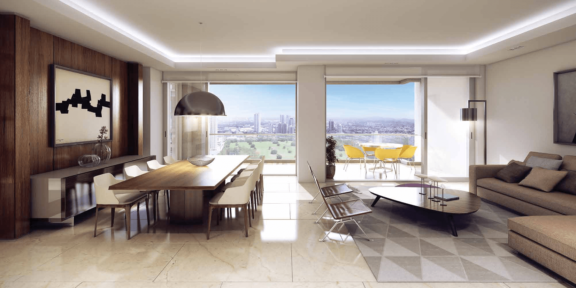 Rendering of an Aria apartment living and dining room with city and golf course views