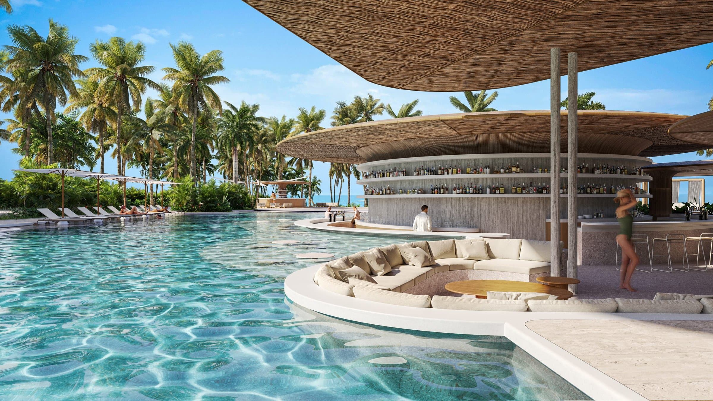 Swim-up bar under a round thatched canopy at the Alamar pool
