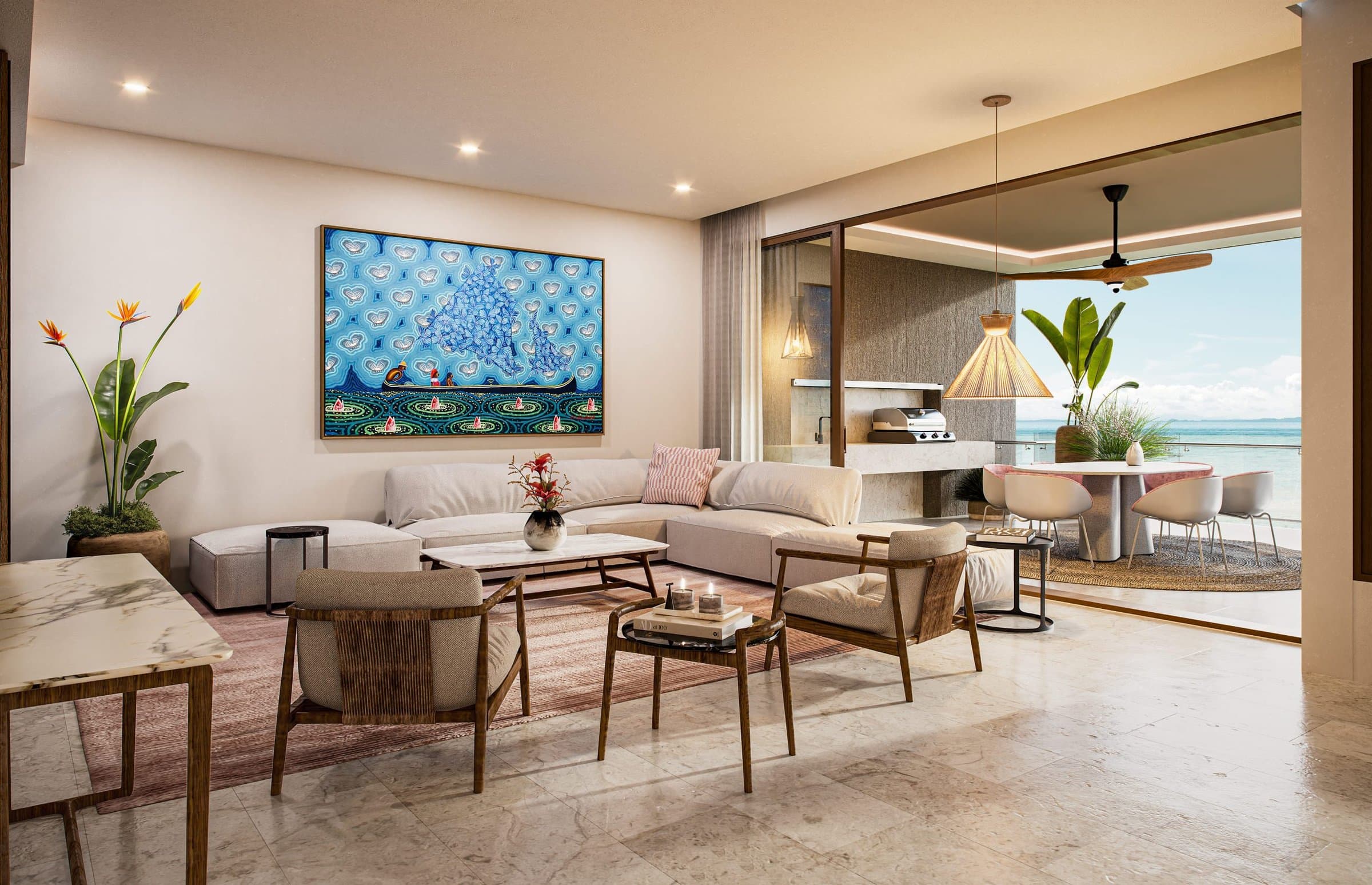 Open living and dining room with ocean view in an Alamar apartment