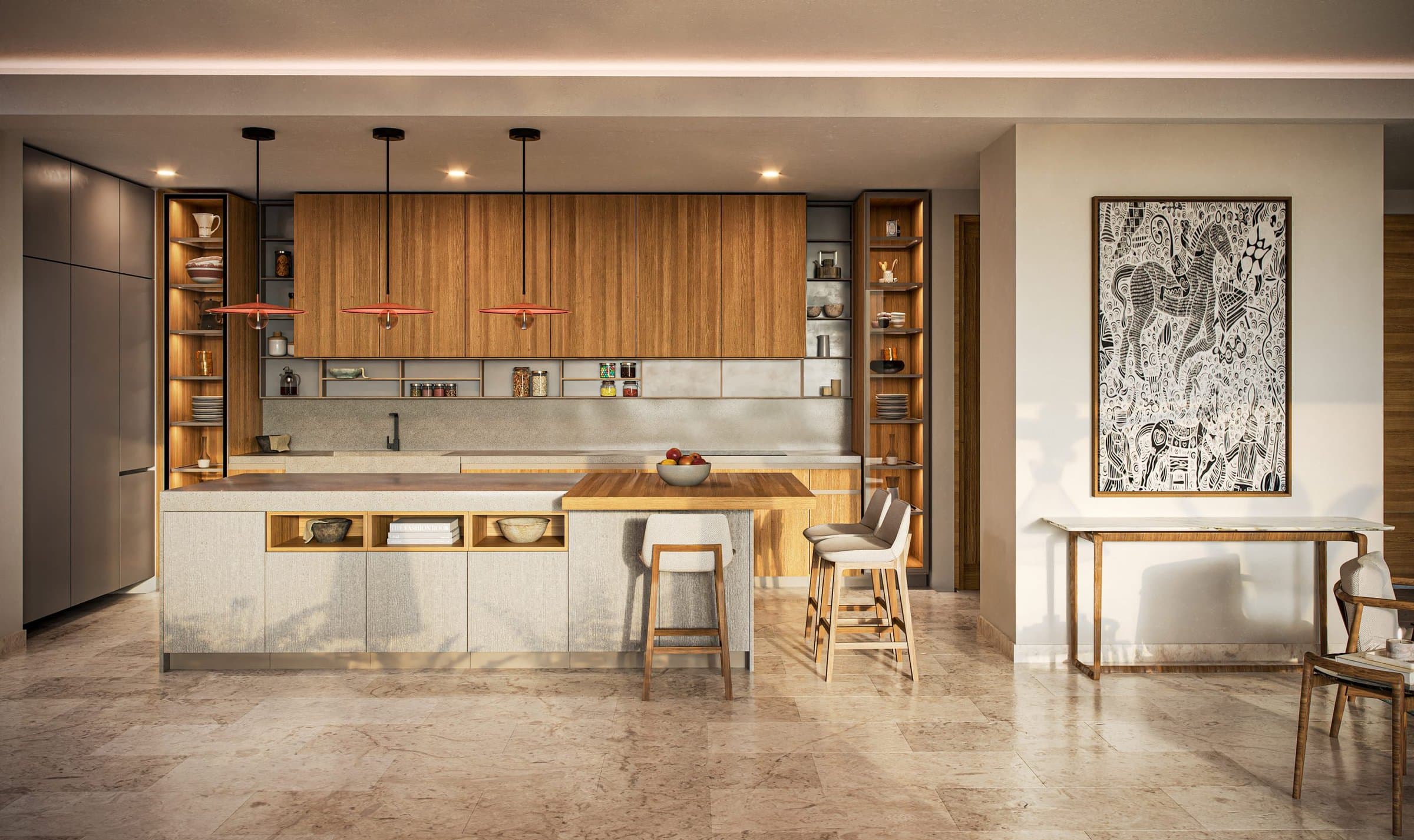 Italian kitchen with wood cabinetry and island in an Alamar apartment