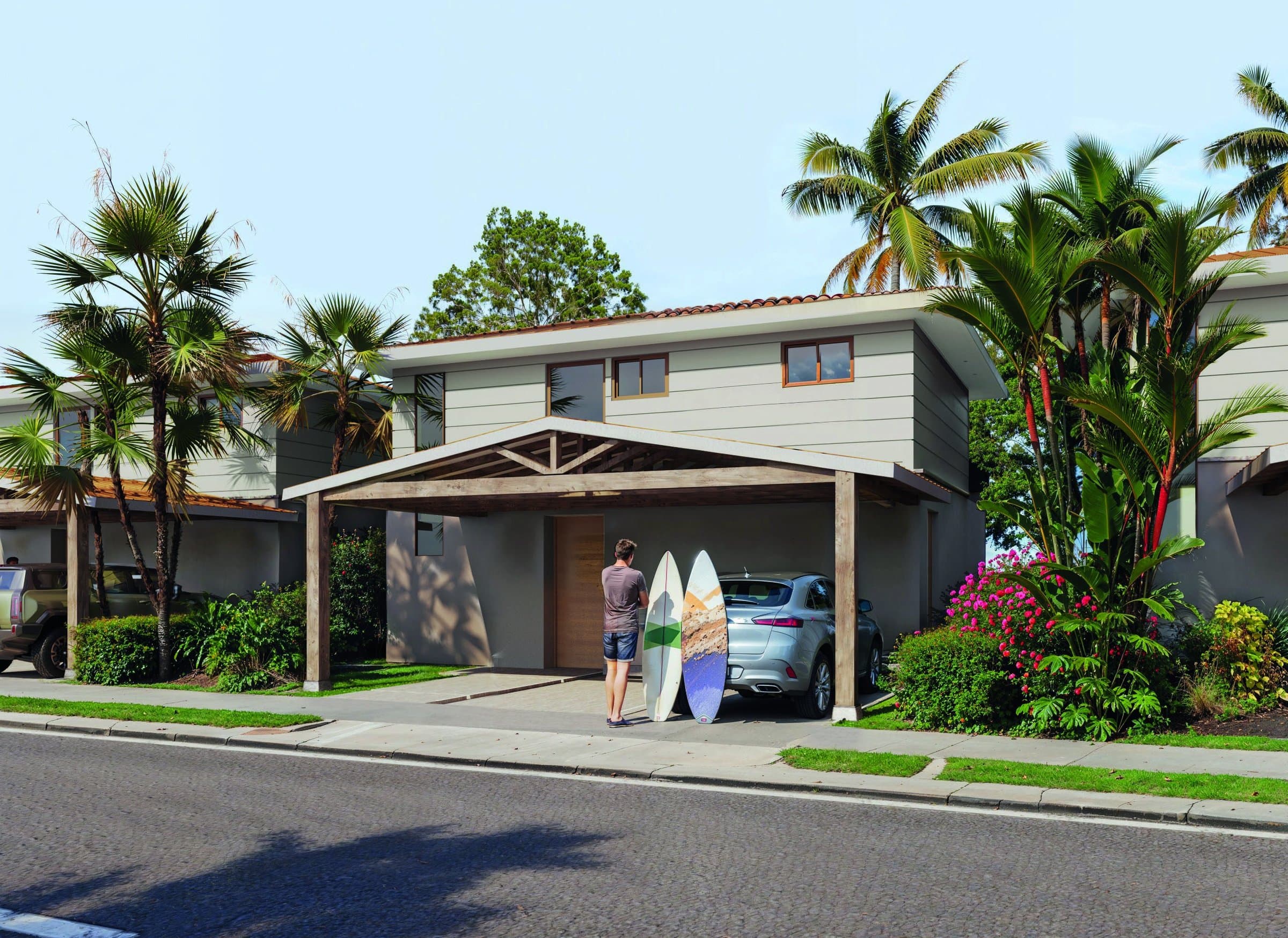 Venao Living two-storey house with timber carport and tropical garden in Playa Venao, Panama