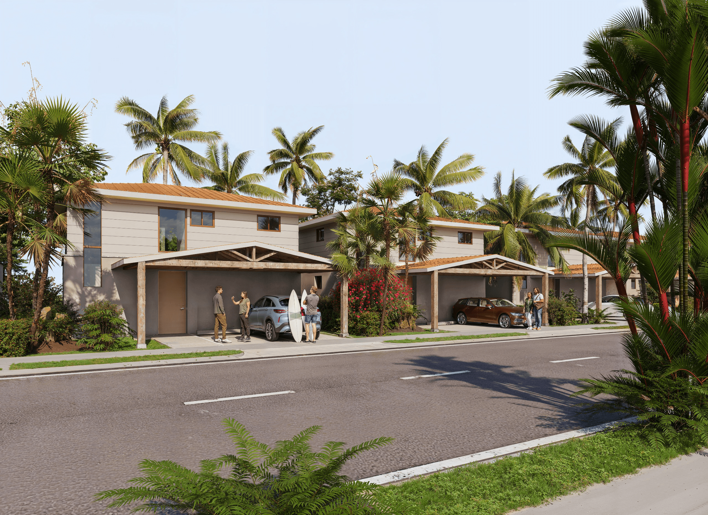 Street view of the Venao Living single-family homes with carports and palm trees