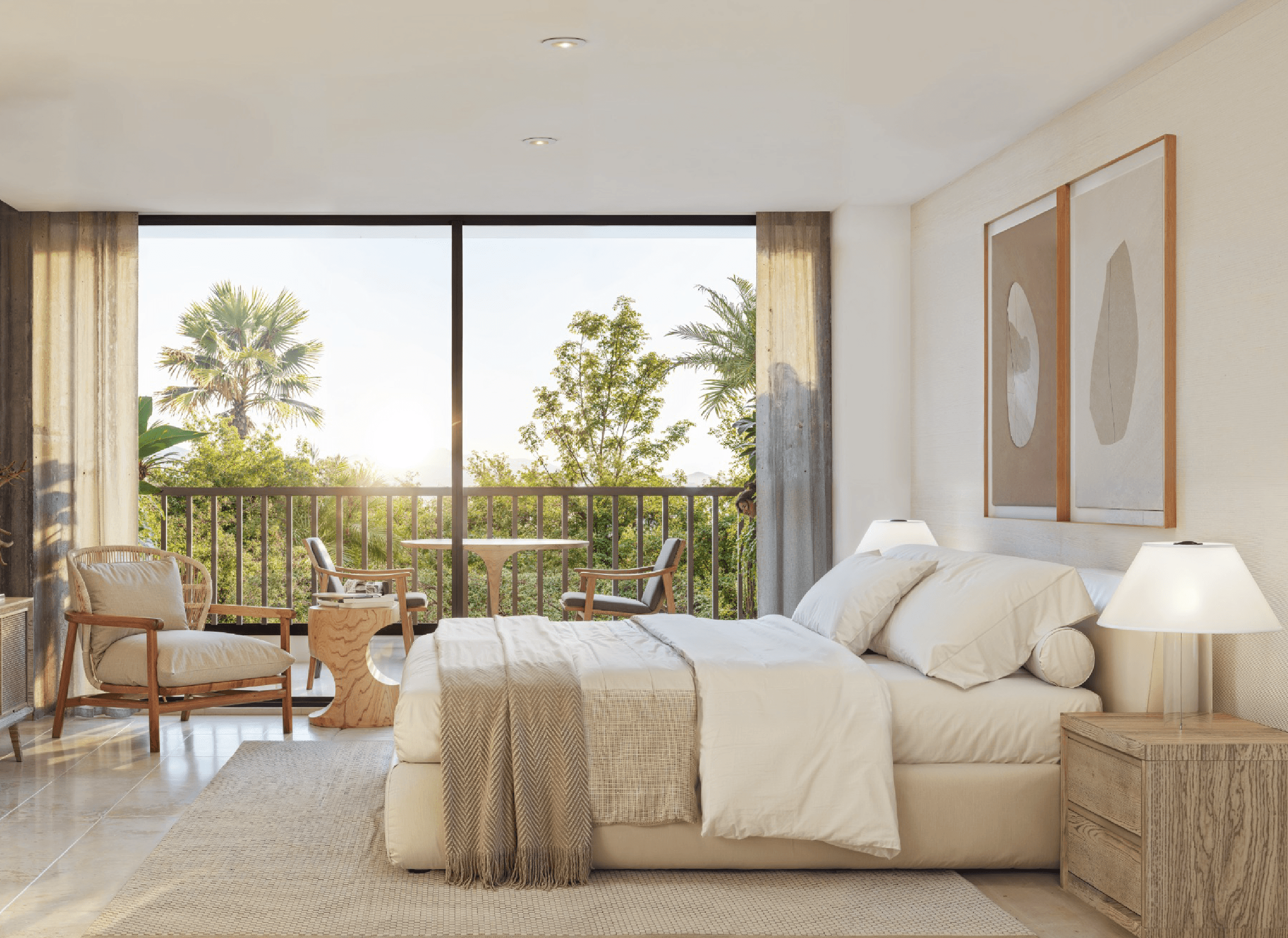 Bedroom with balcony and palm views in a Venao Living house