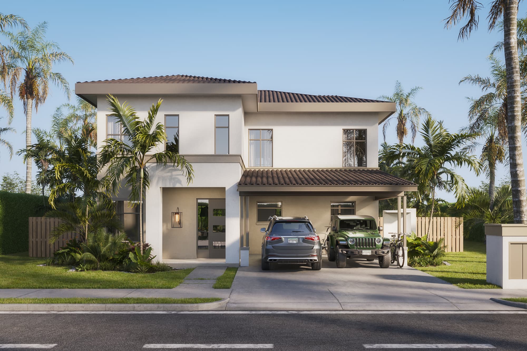 El Remanso Armonía model house facade with carport and tropical landscaping