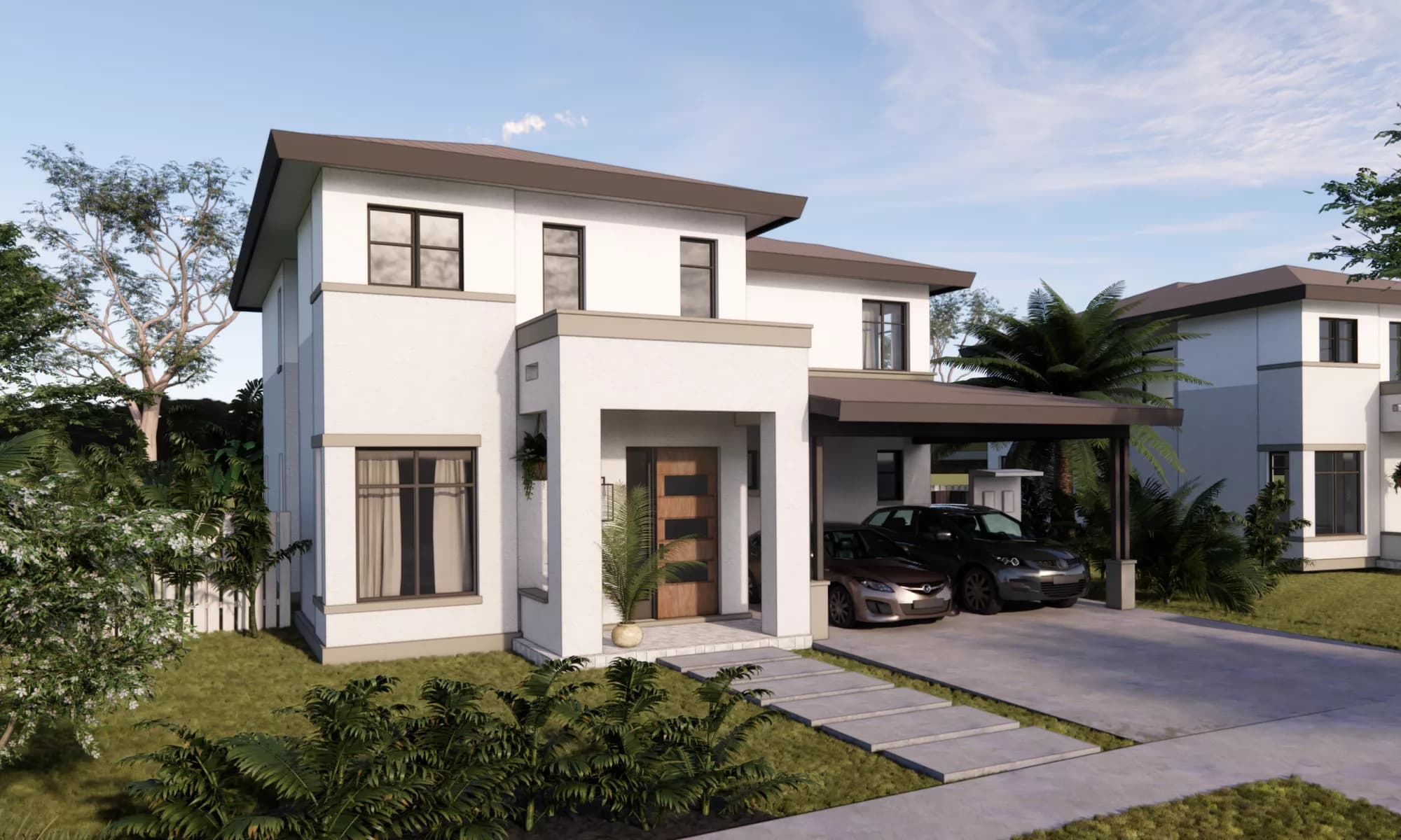 Corner view of a two-storey El Remanso house with driveway and garden
