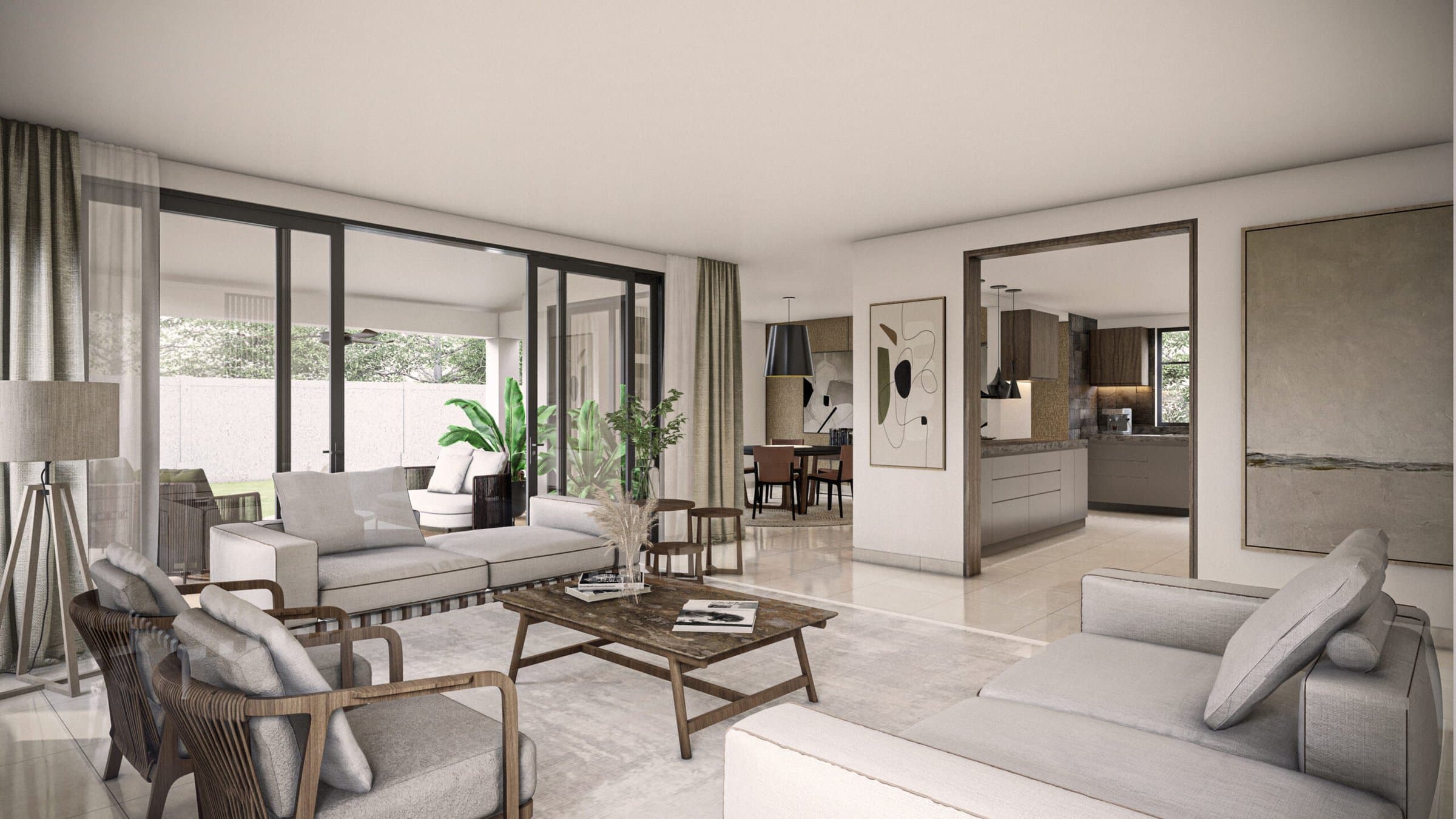 Living room with sliding glass doors in an El Remanso house