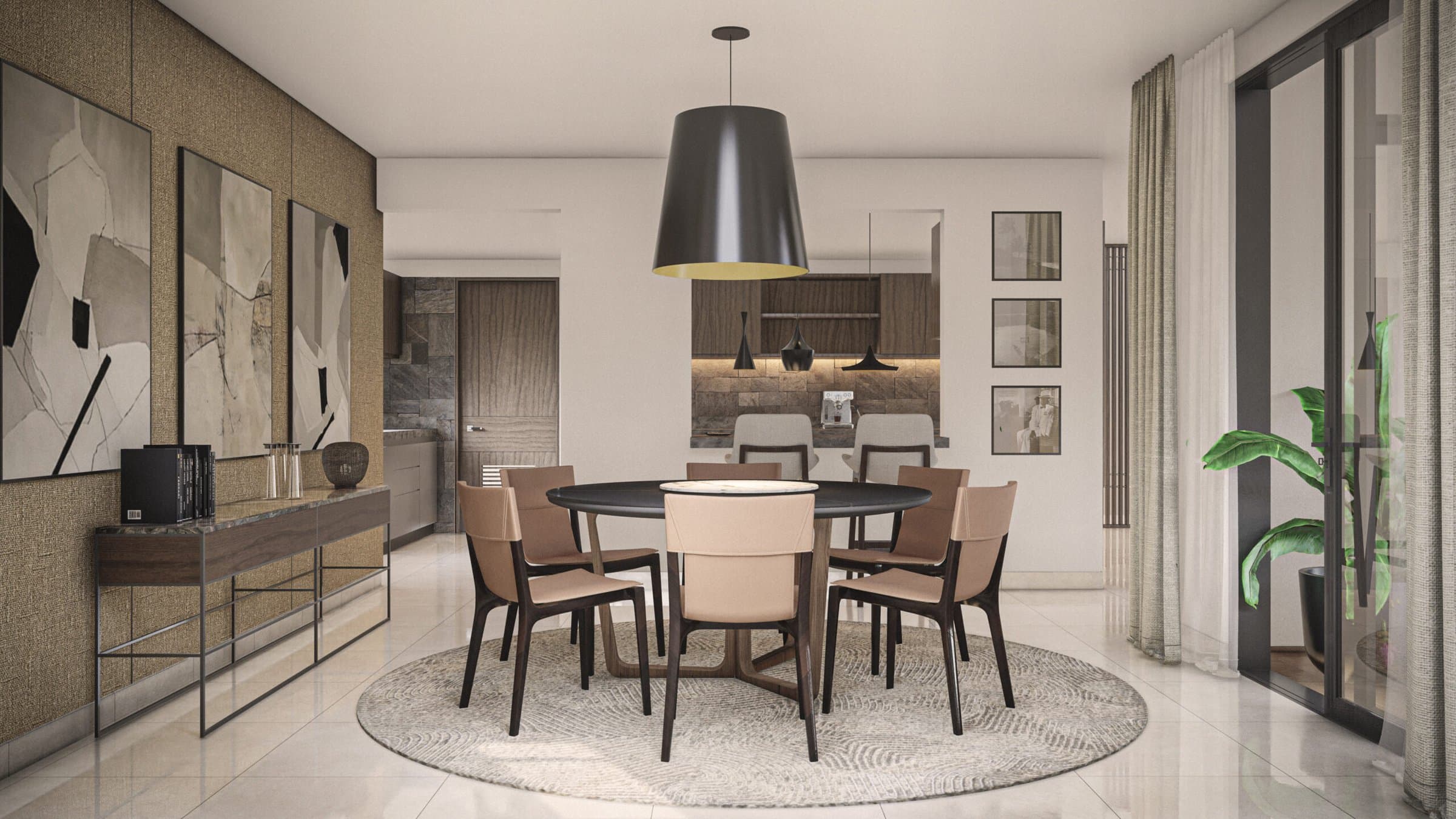 Dining area with open kitchen in an El Remanso house