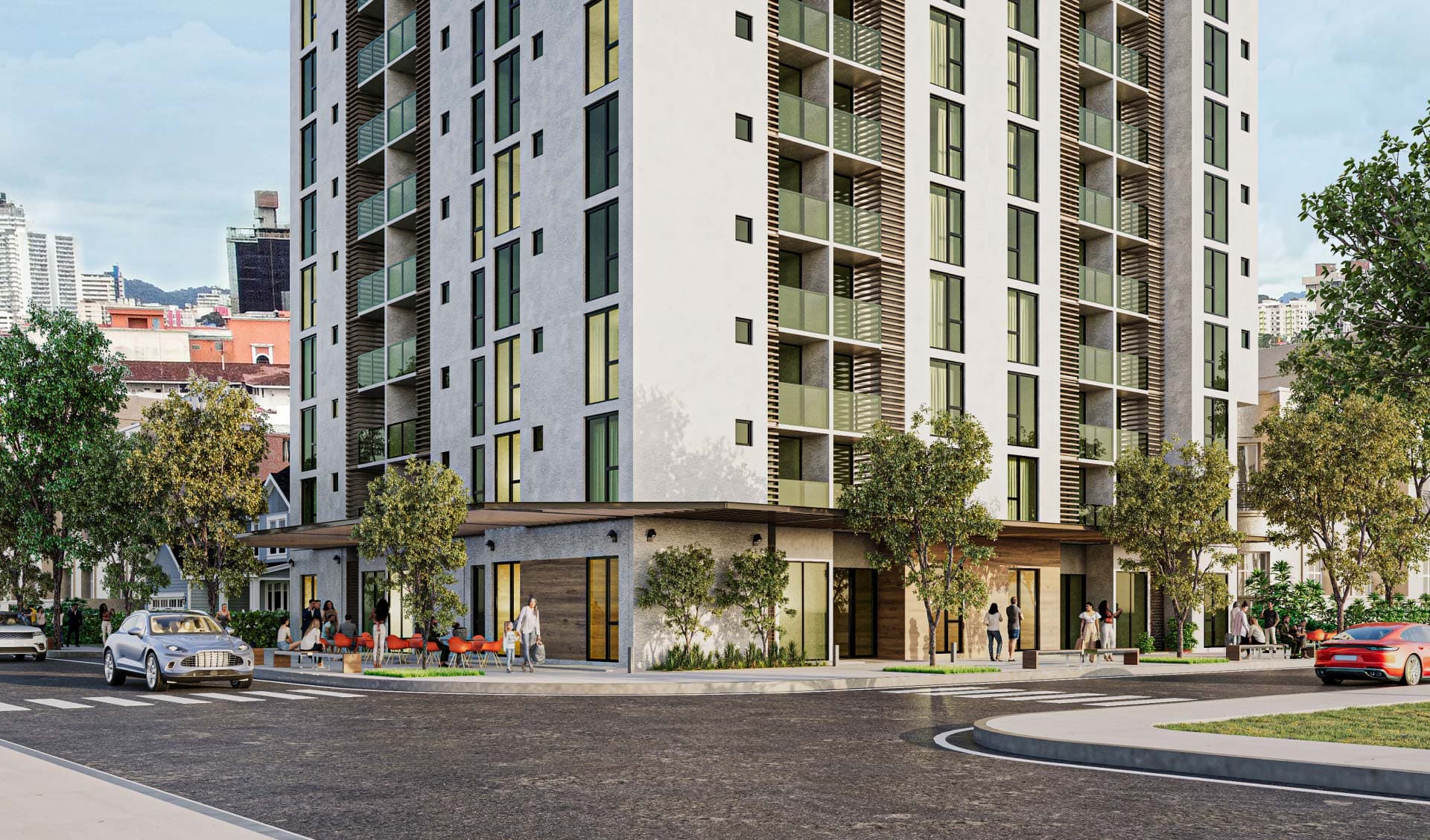 Rendering of the Alexa Bella Vista residential tower at street level in Panama City