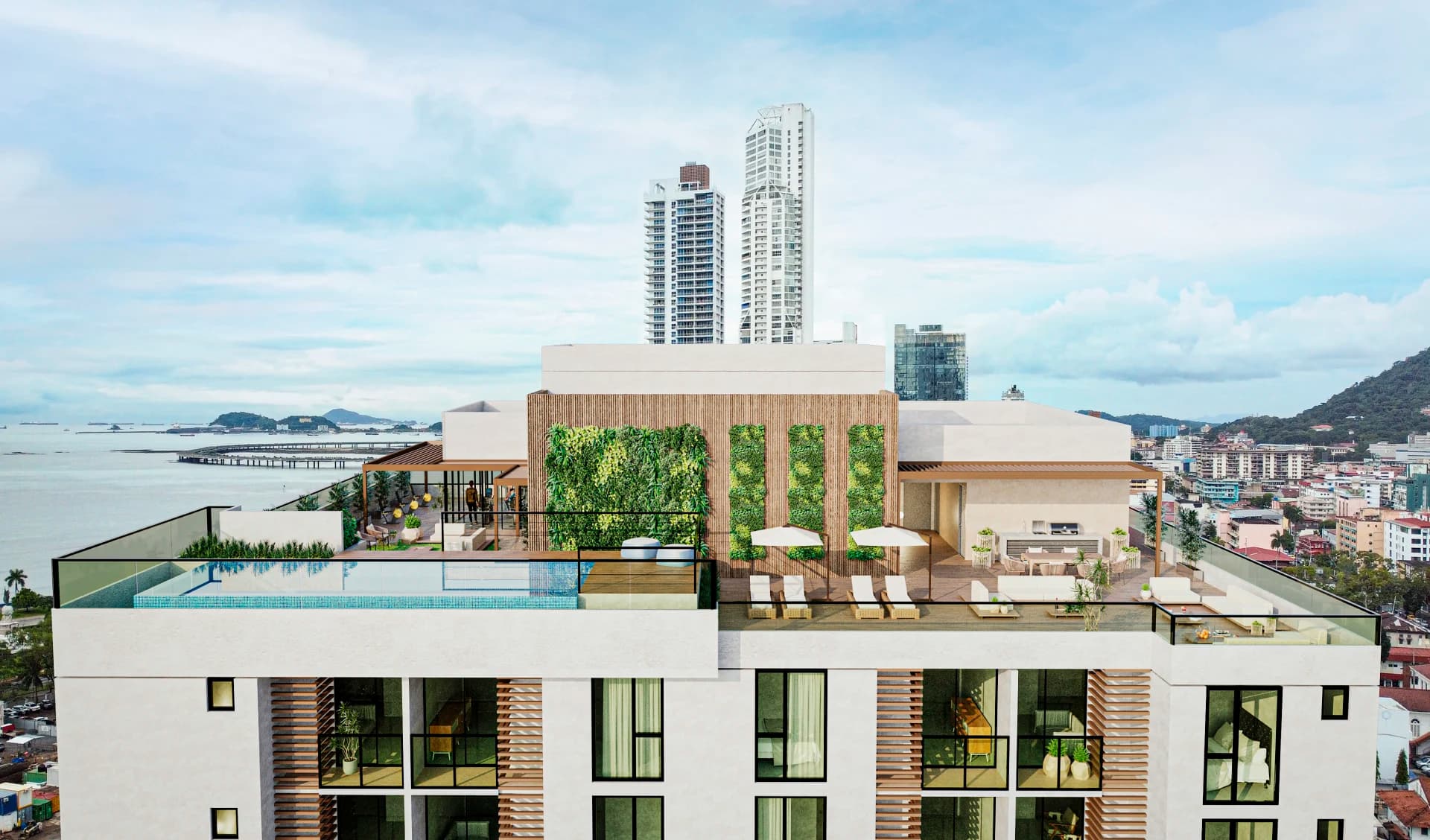 Aerial render of the Alexa Bella Vista rooftop pool and sun deck with the bay behind