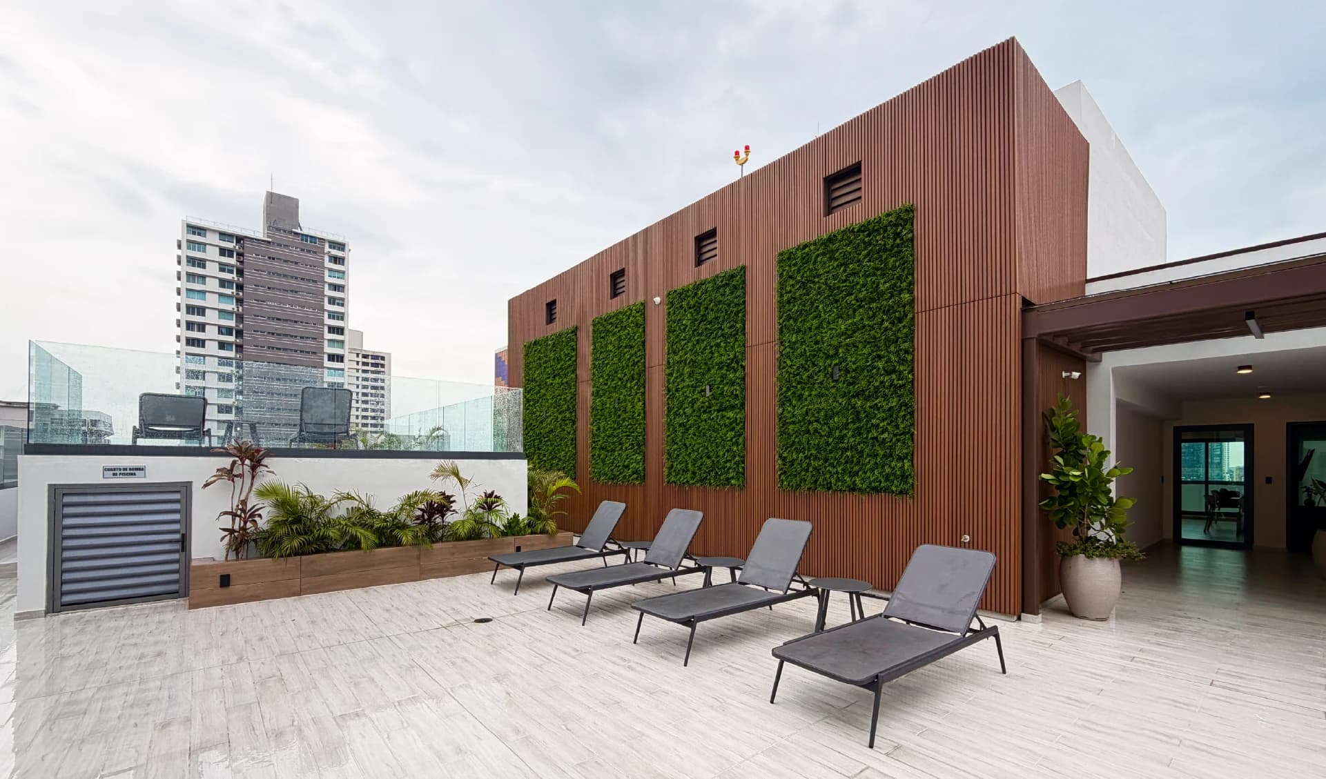 Rooftop sun deck with loungers and vertical garden panels at Alexa Bella Vista