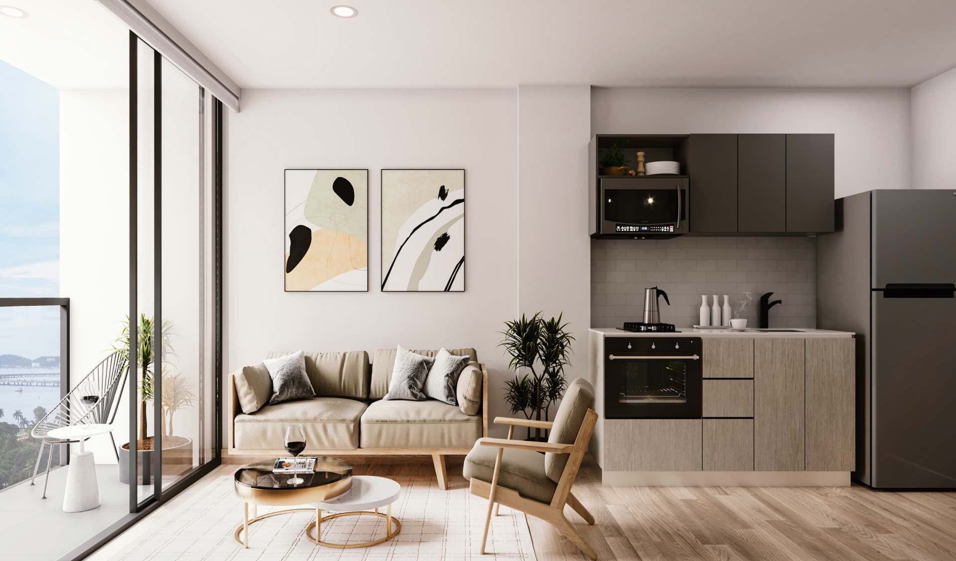 Living room and open kitchen in an Alexa Bella Vista apartment