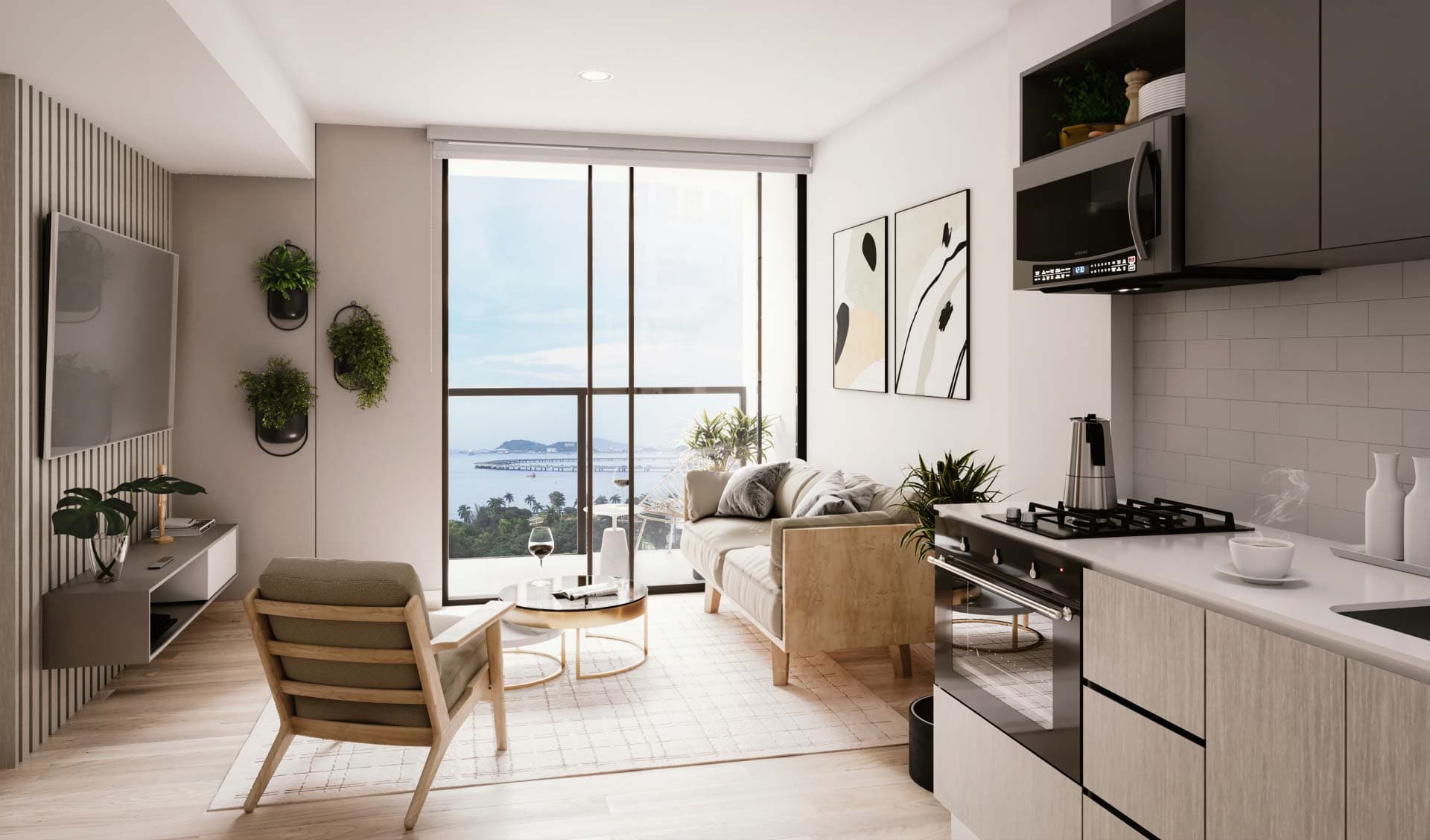 Open-plan living area with kitchen and floor-to-ceiling window in an Alexa Bella Vista apartment