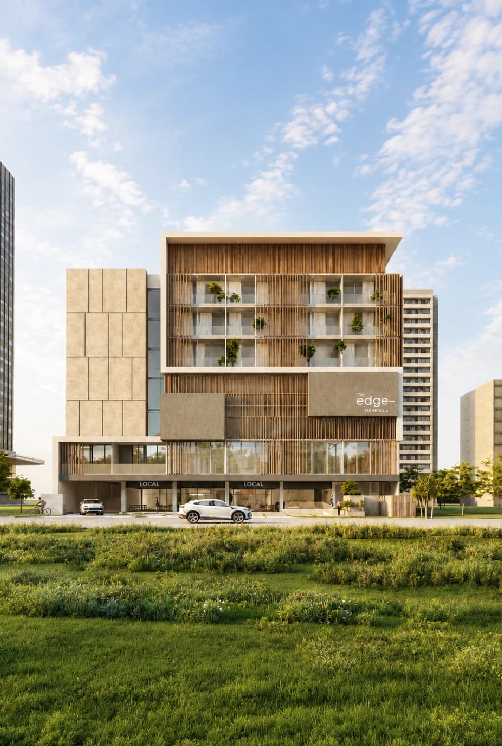 The Edge Marbella building facade with wood-slat panels in Marbella, Panama City