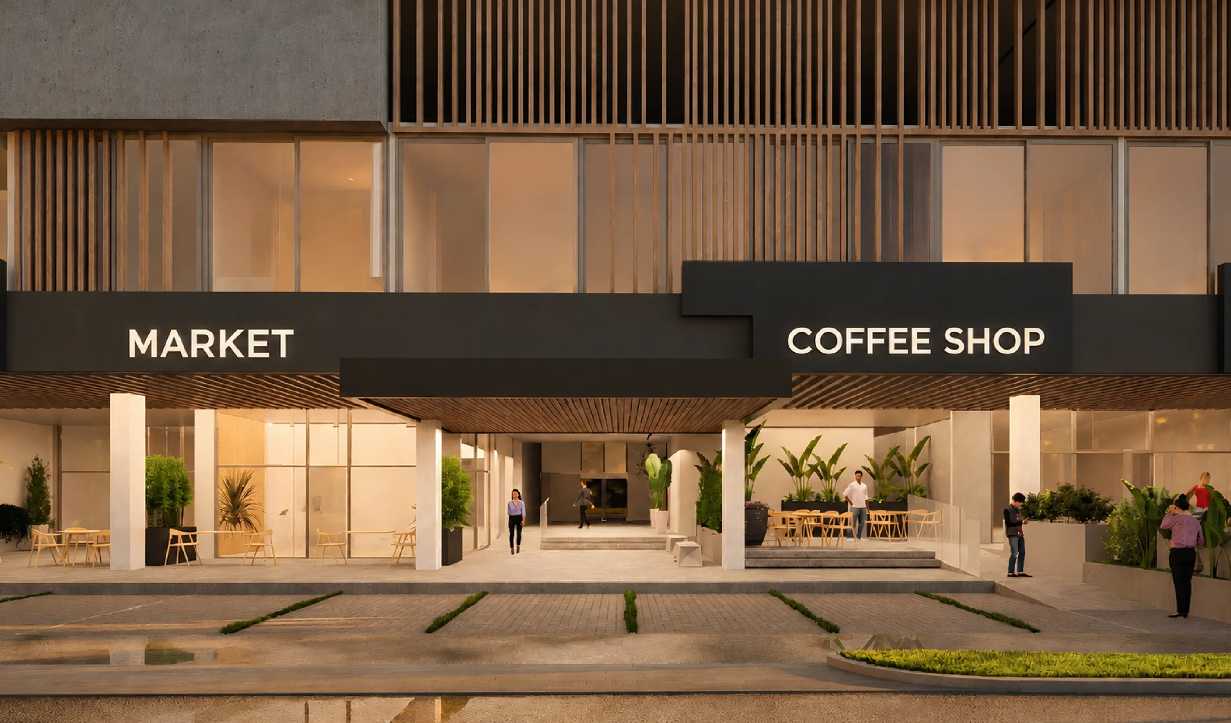 Ground-floor market and coffee shop frontage at The Edge Marbella