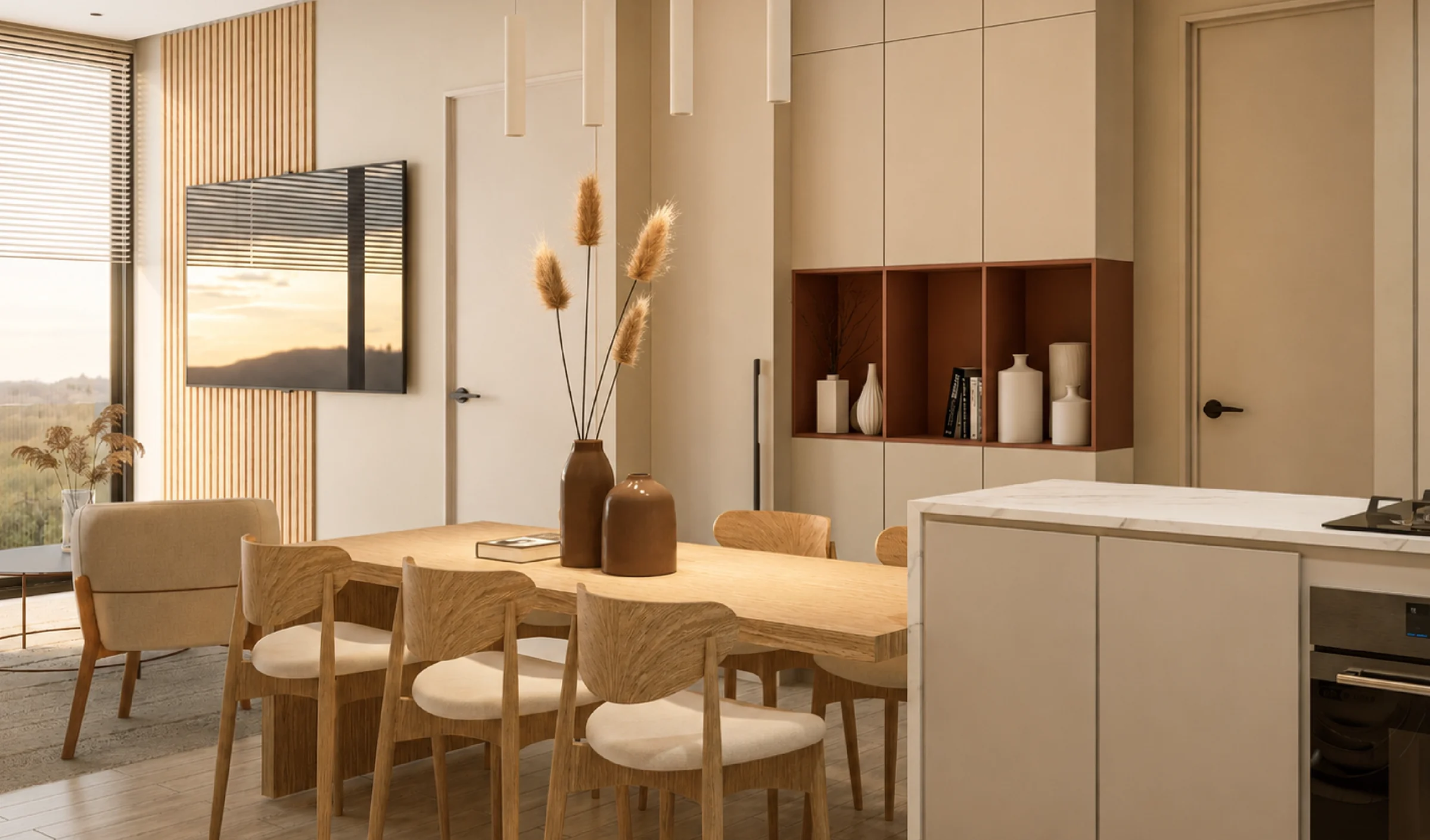 Dining area with open kitchen in a The Edge Marbella apartment