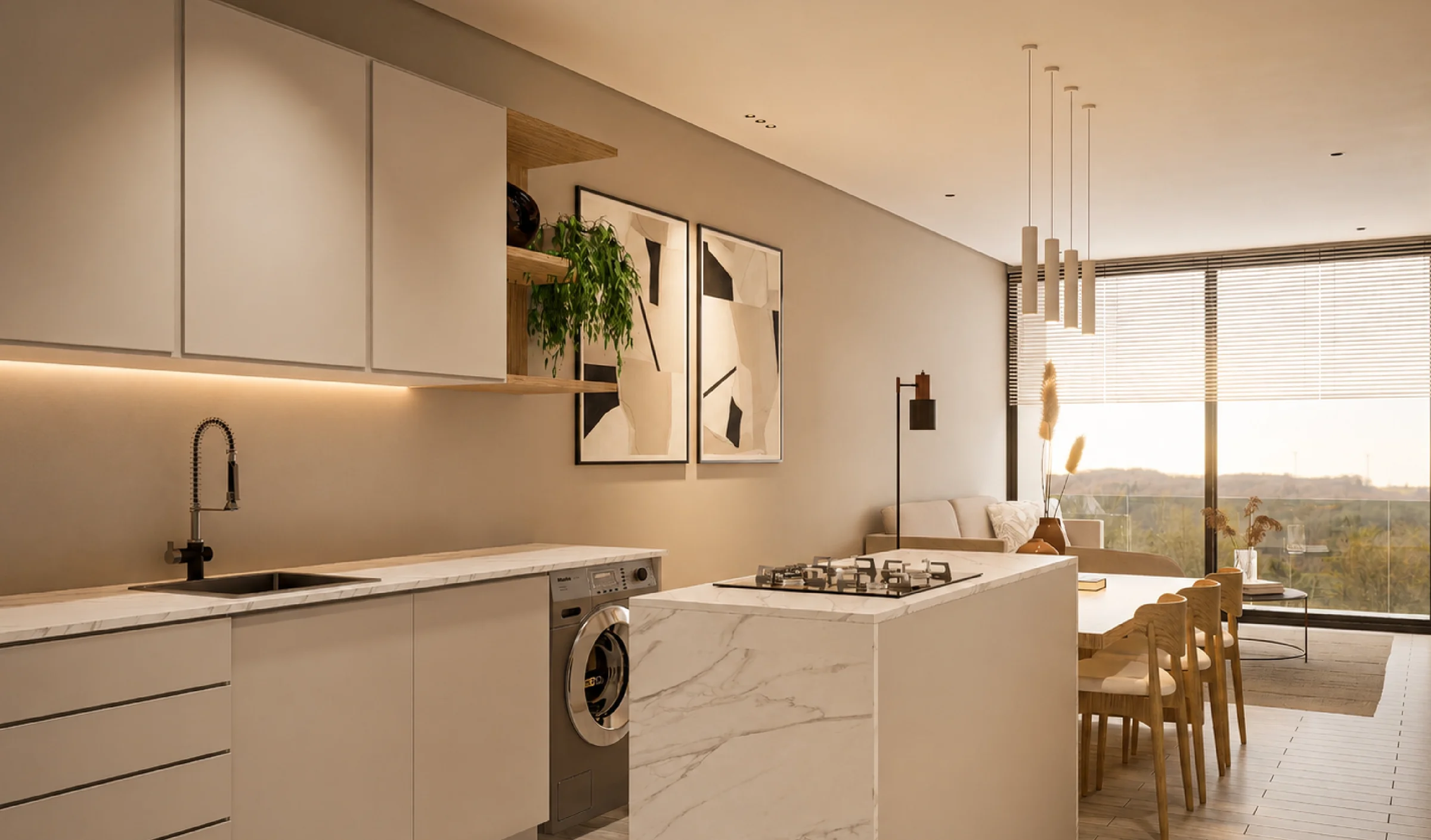 Kitchen with island and window view in a The Edge Marbella apartment