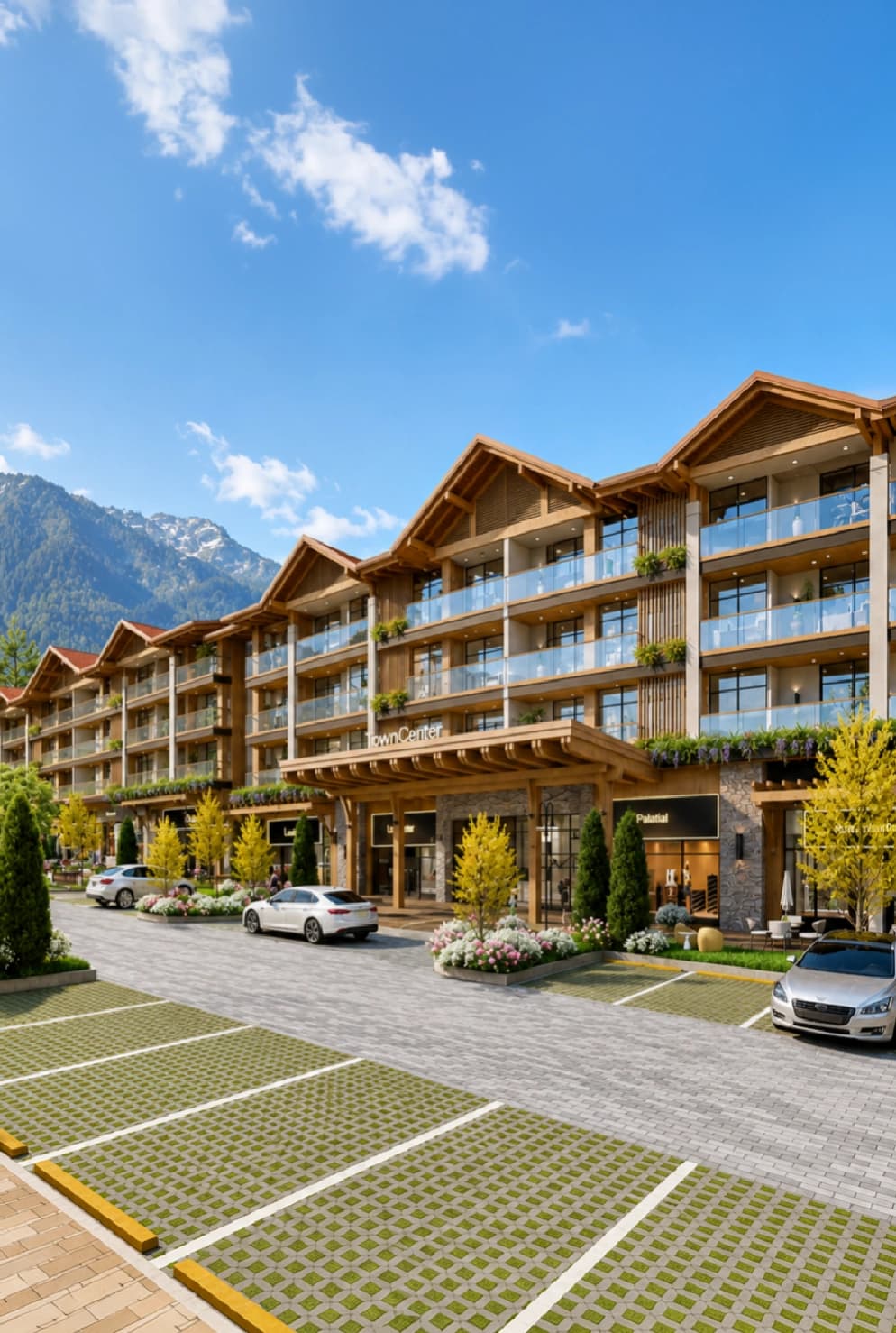 Boquete Town Center mountain-lodge style building with parking in front, Bajo Boquete