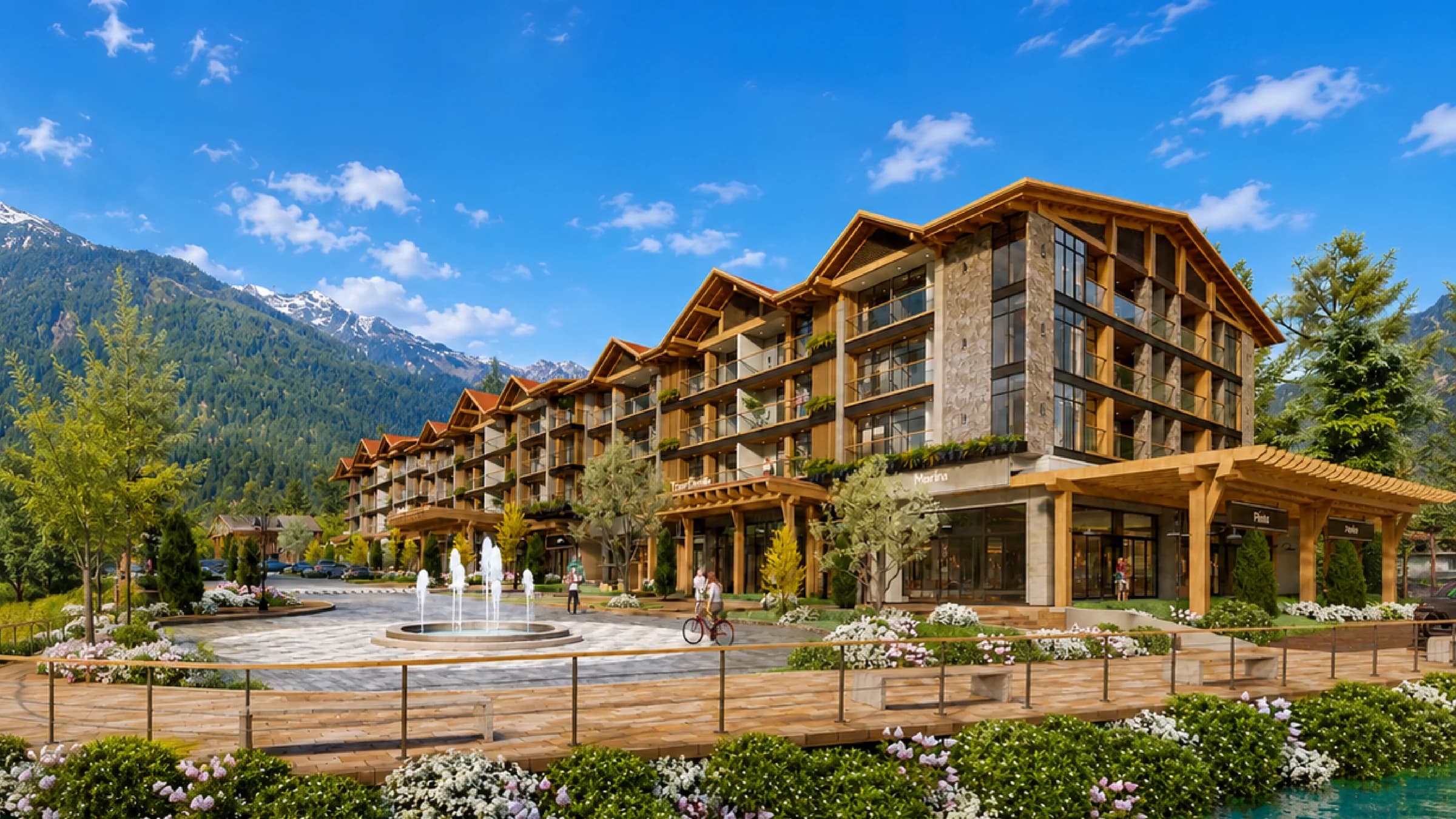 Boquete Town Center plaza with fountain and mountain backdrop